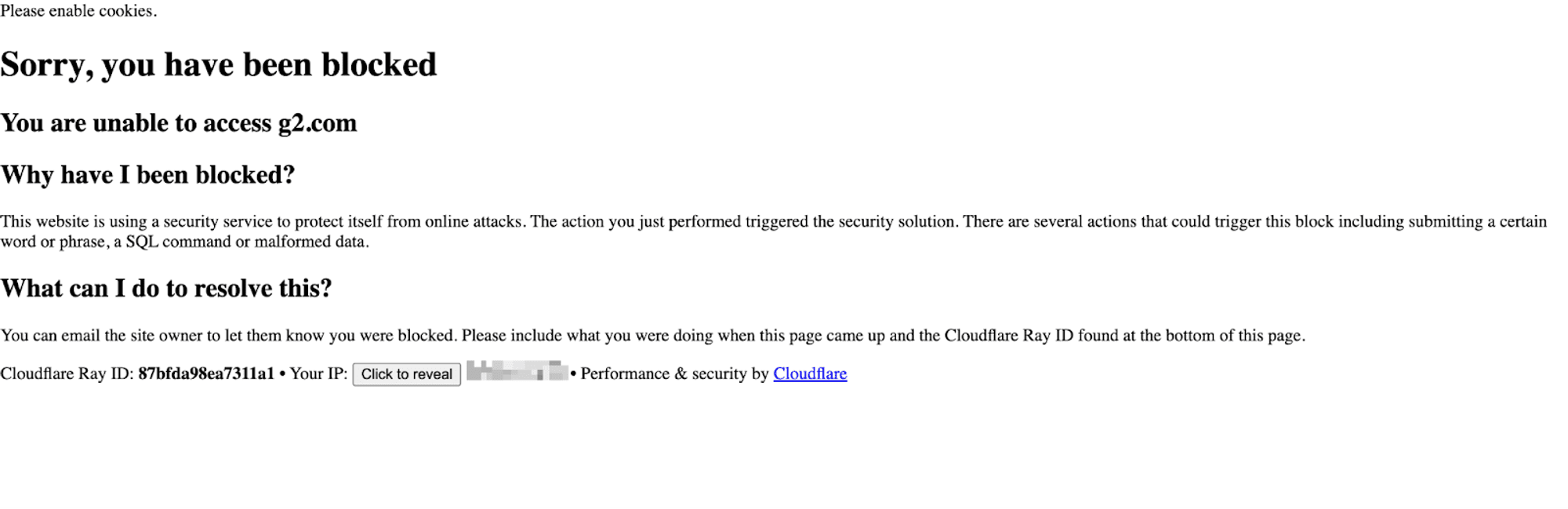 Blocked from accessing the G2 website because of Cloudflare
