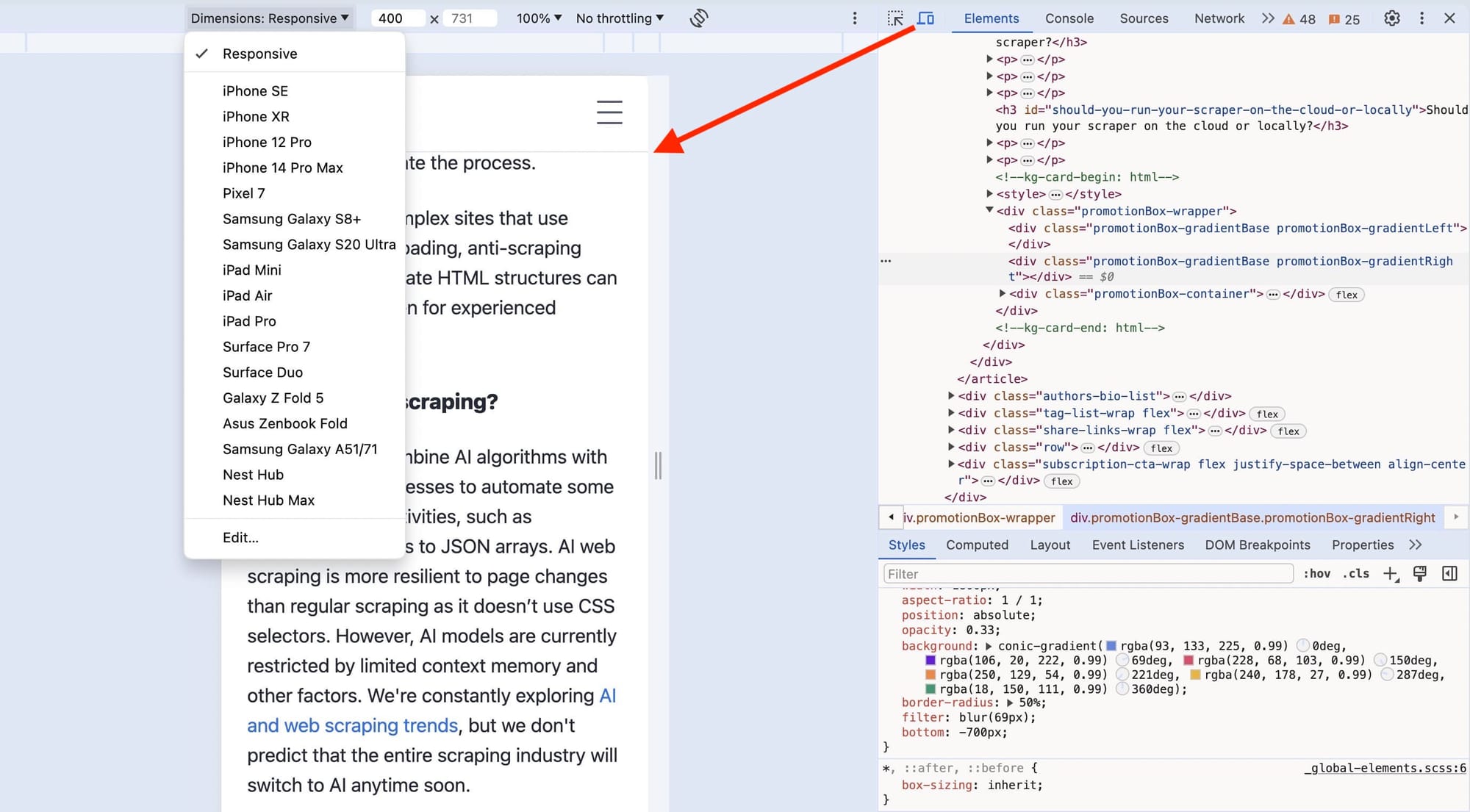 How to inspect elements in Opera. 9. Inspect the mobile version of the page