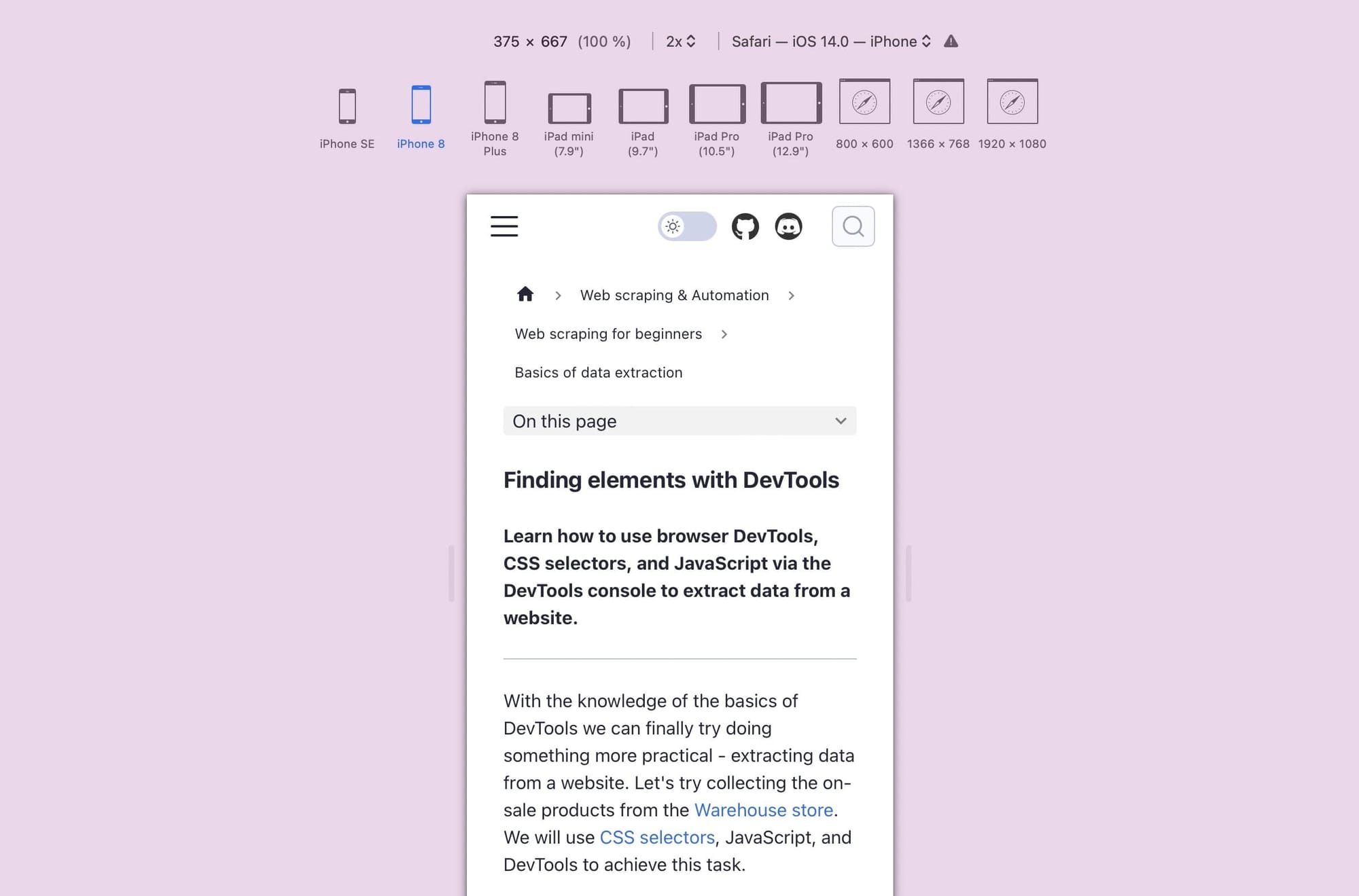 How to inspect elements in Safari. Responsive Design Mode