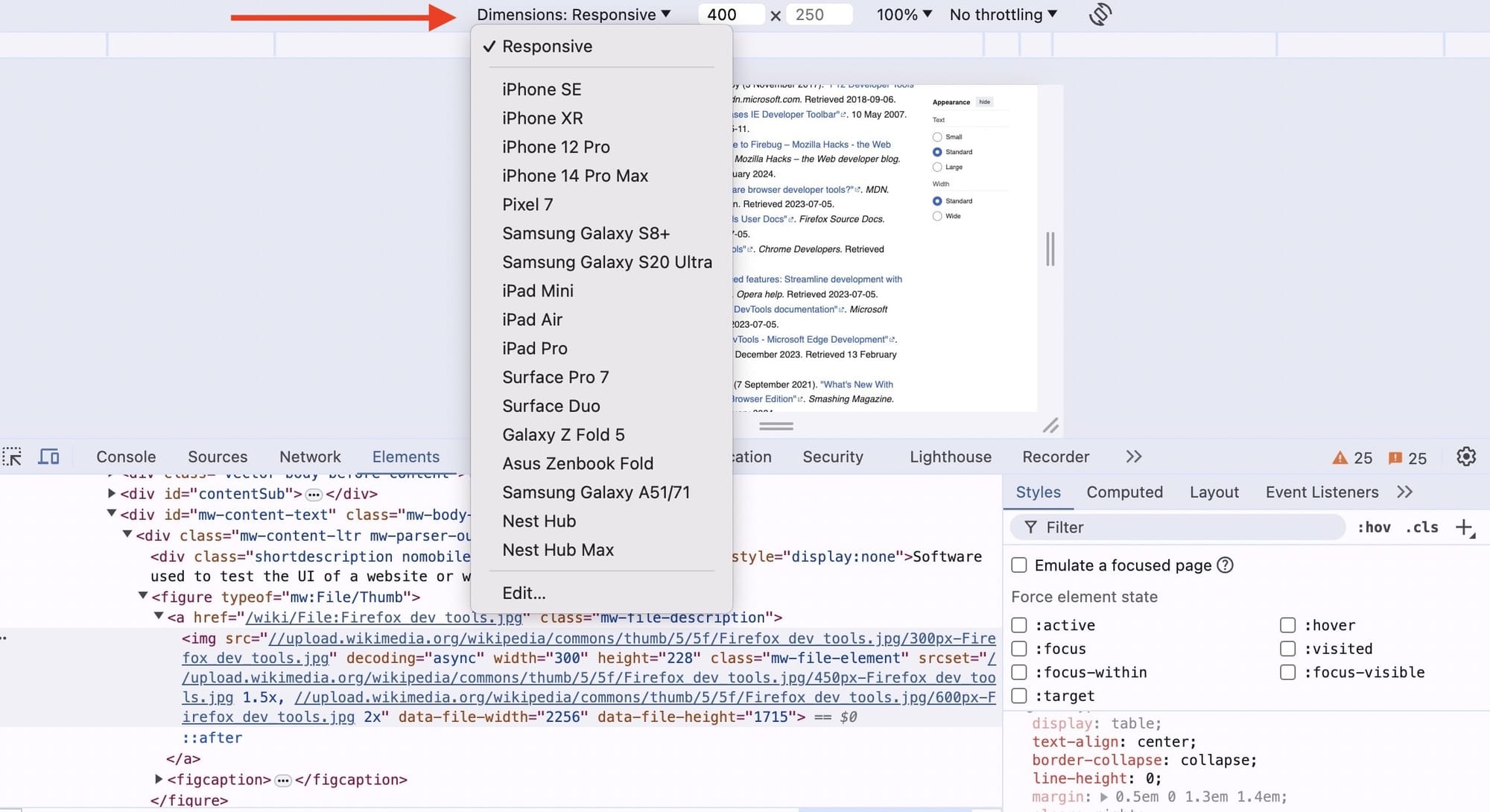 How to inspect elements in Chrome. Mobile devices. Dropdown menu and dimensions