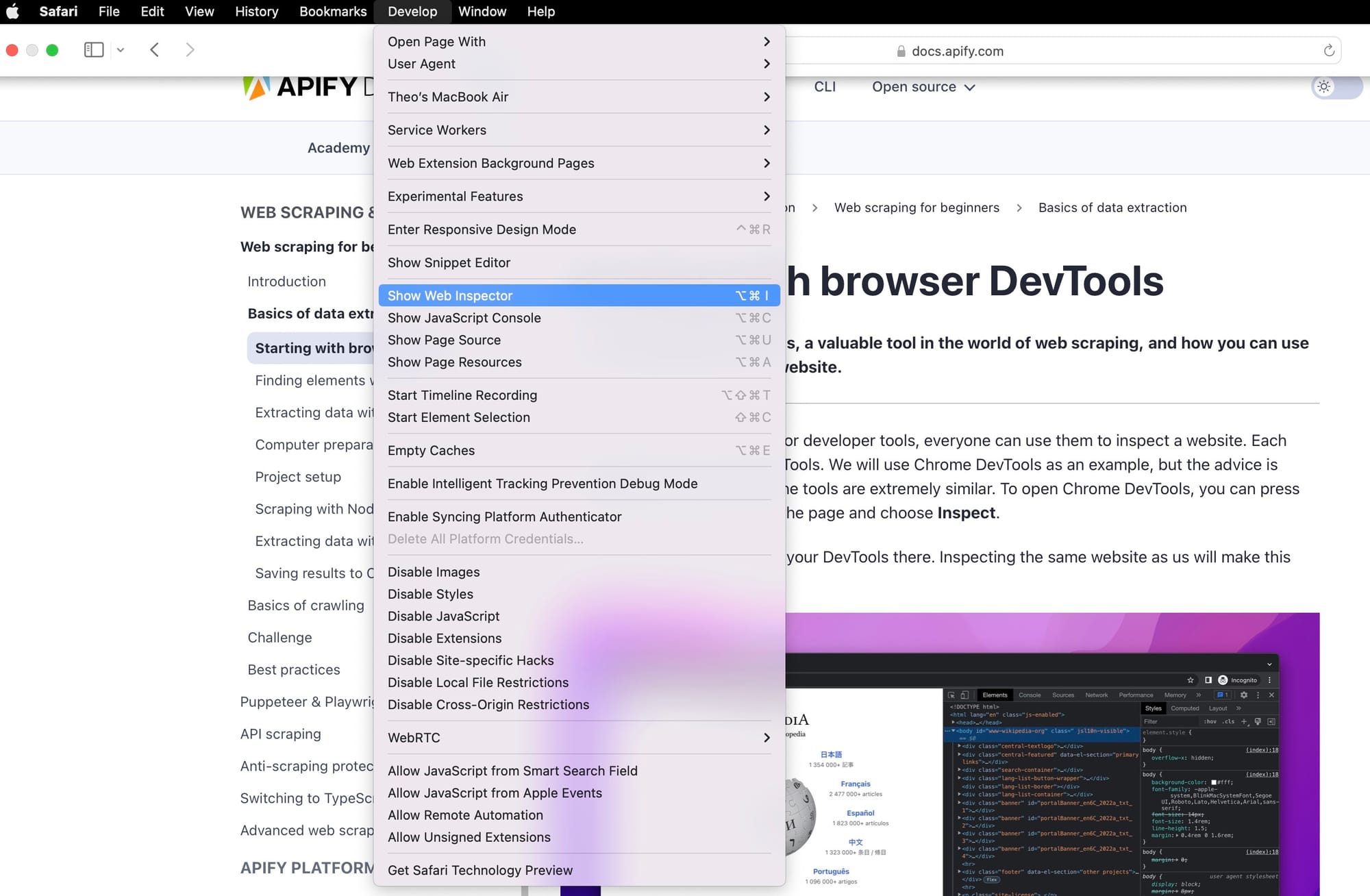 How to inspect elements in Safari. Show Web Inspector or press Command(⌘)+Option(⌥)+I