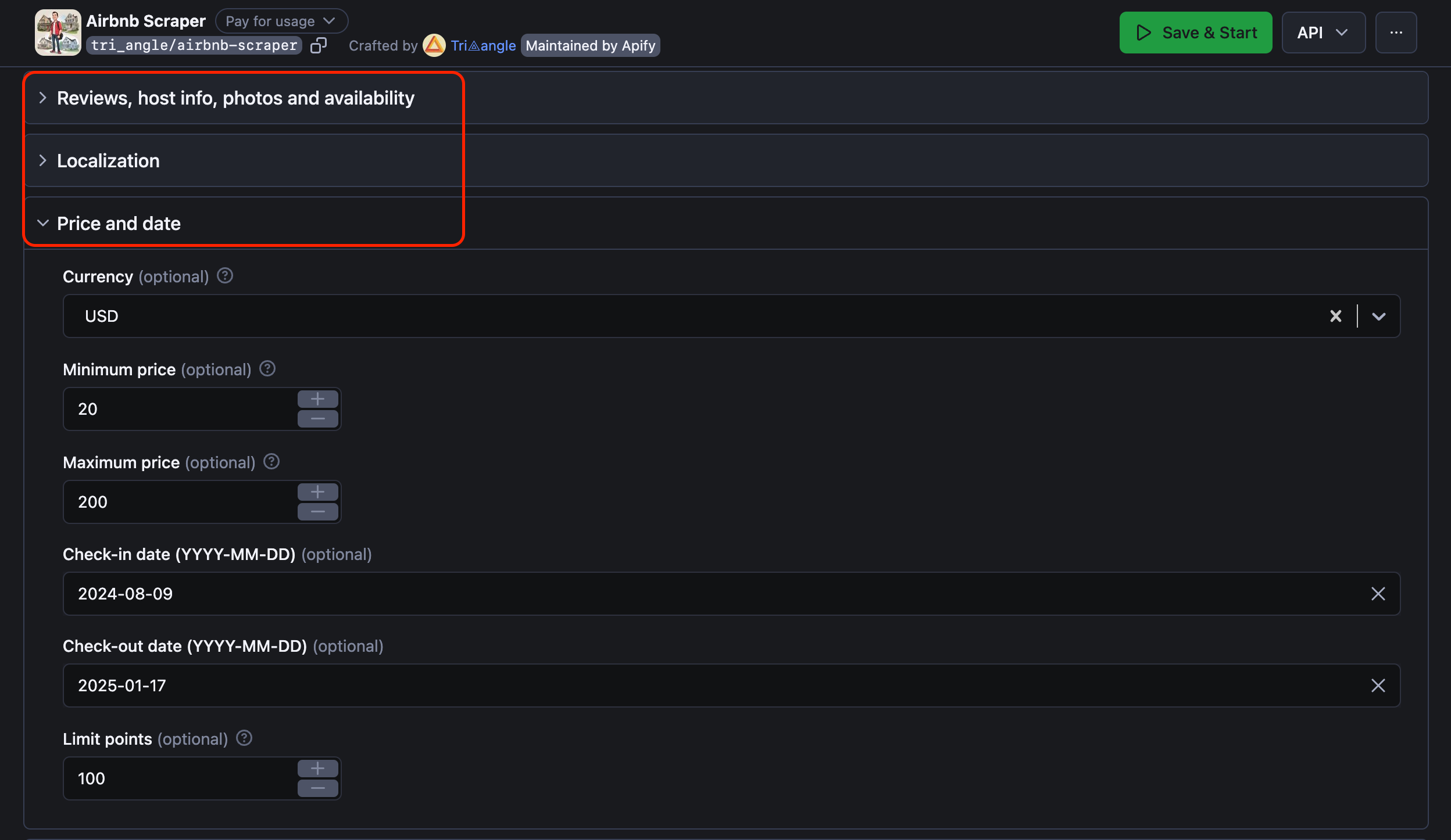 Step 3. Set up extra Aribnb scraping parameters: reviews, price, dates