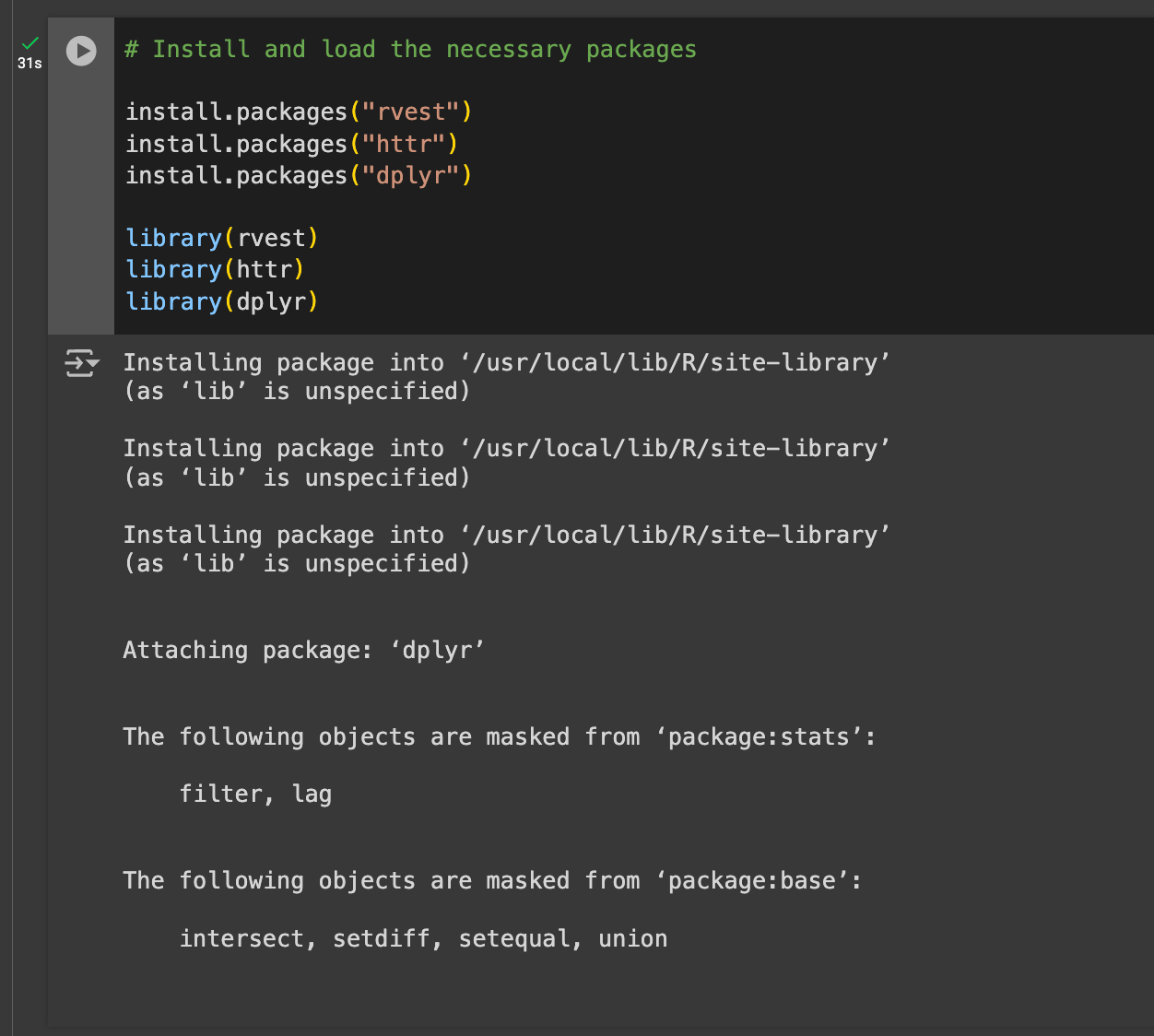 Rvest, httr, dplyr installation output