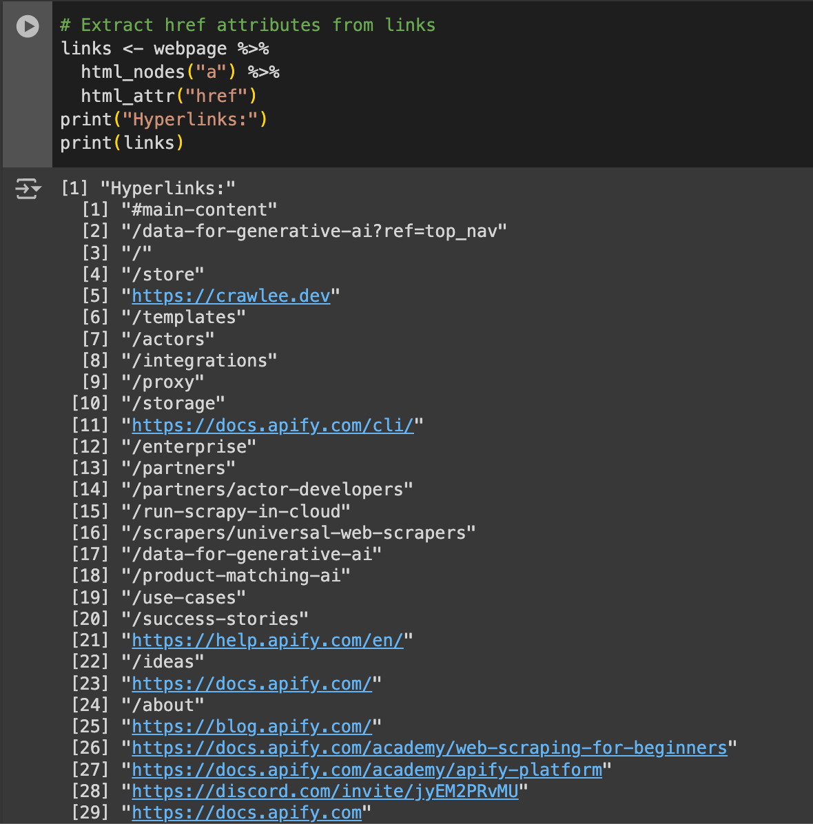 Href attributes output. Web scraping with R. Extracting data from elements.