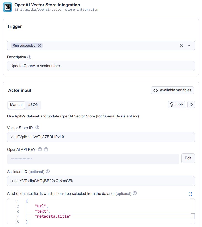 Setting the parameters for the OpenAI Vector Store integration