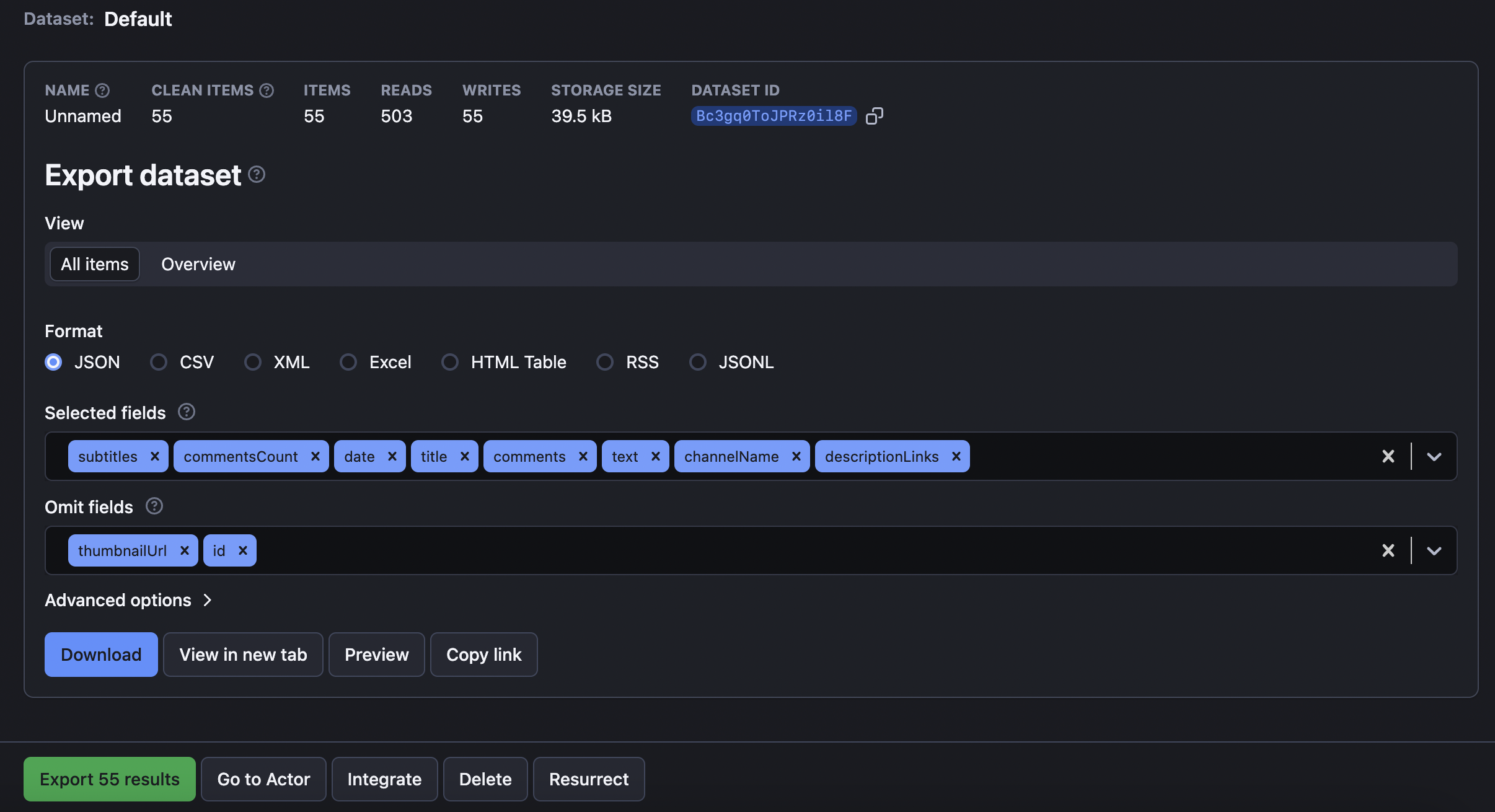 Storage tab on scraper's output page showing the various available formats