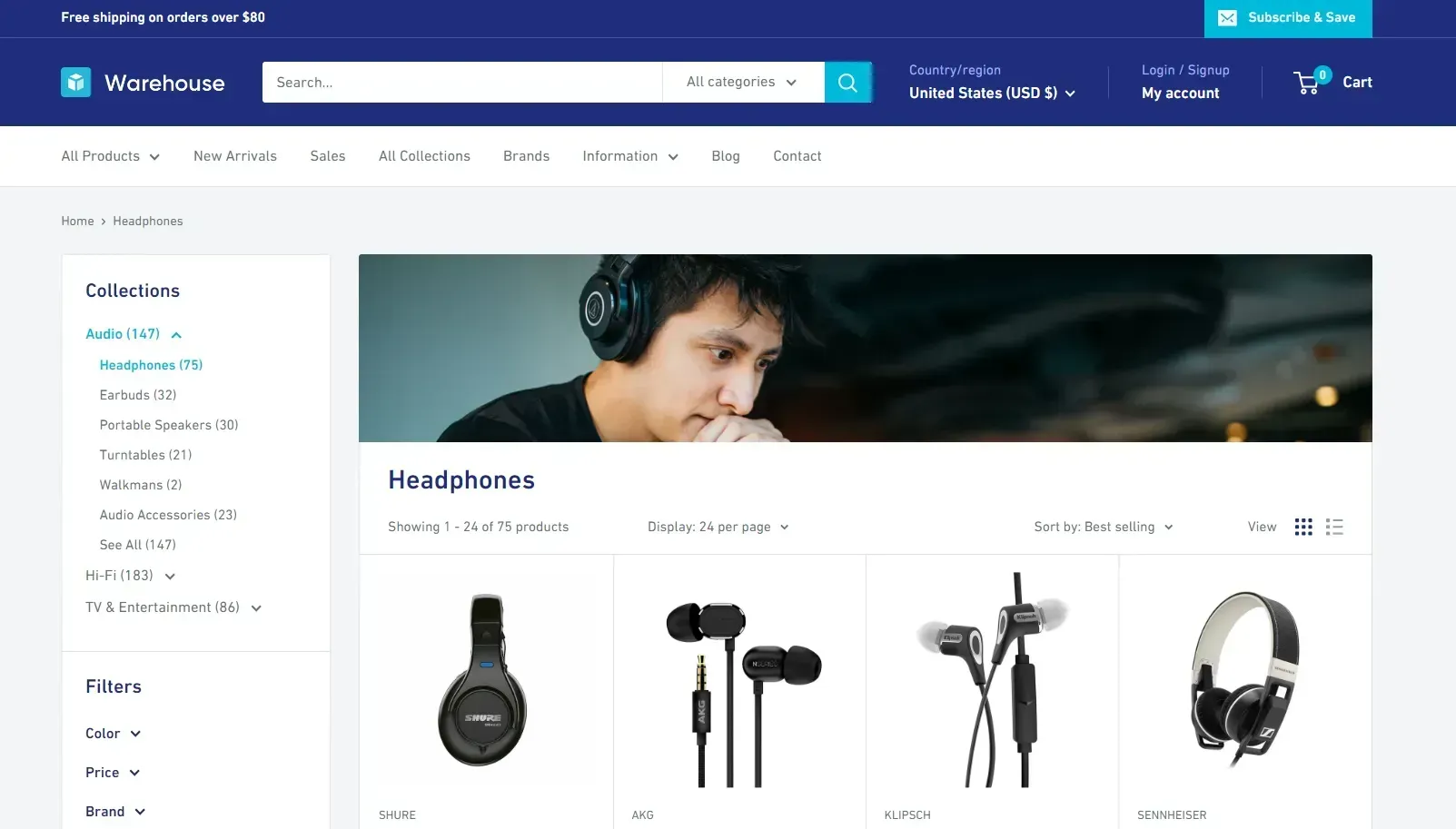  "Headphones" page of the Warehouse e-commerce site