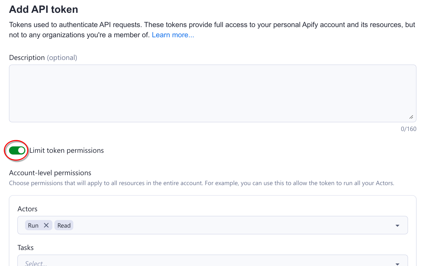 Limit permissions of a token in Apify Console