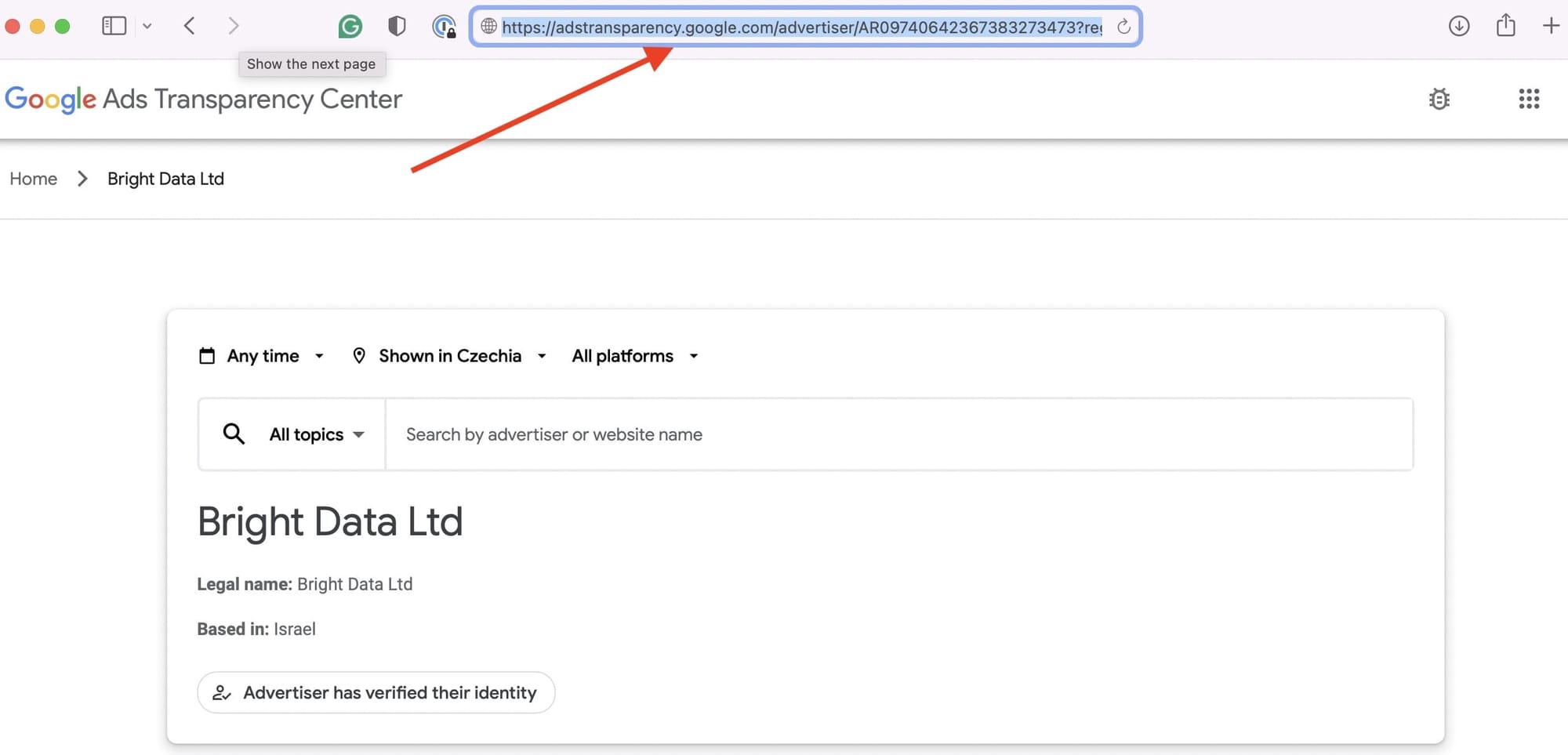 Copy URL from Google Ads Transparency Center