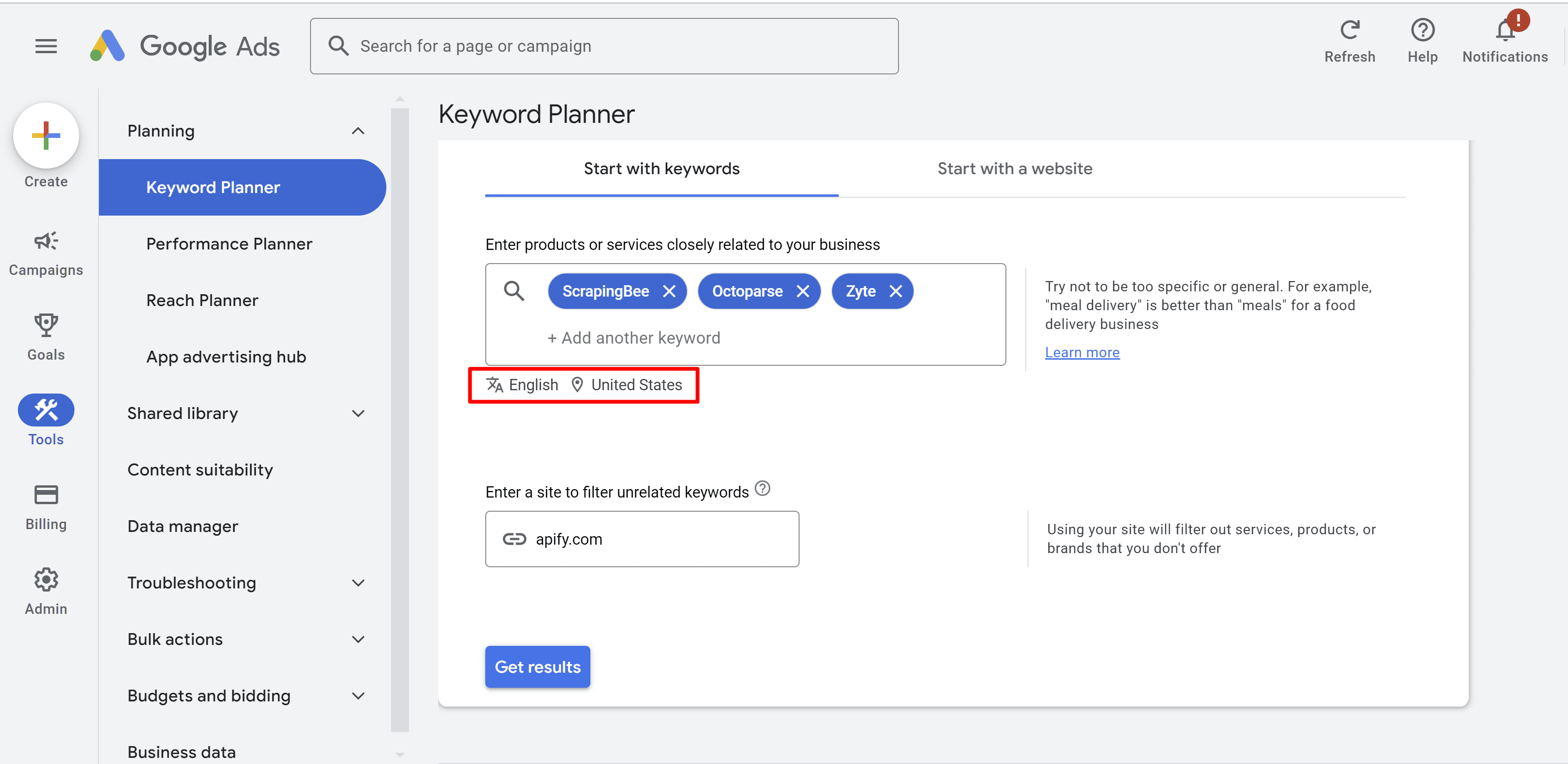 Keyword Planner - Start with keywords