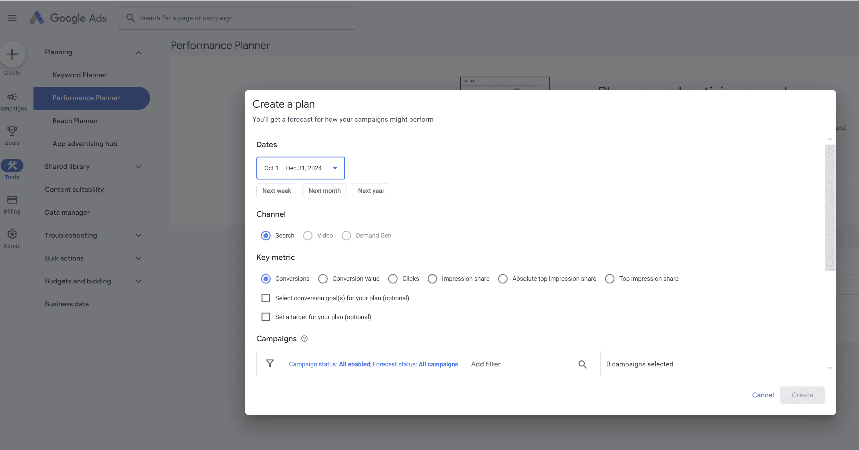 Google Ads Performance Planner