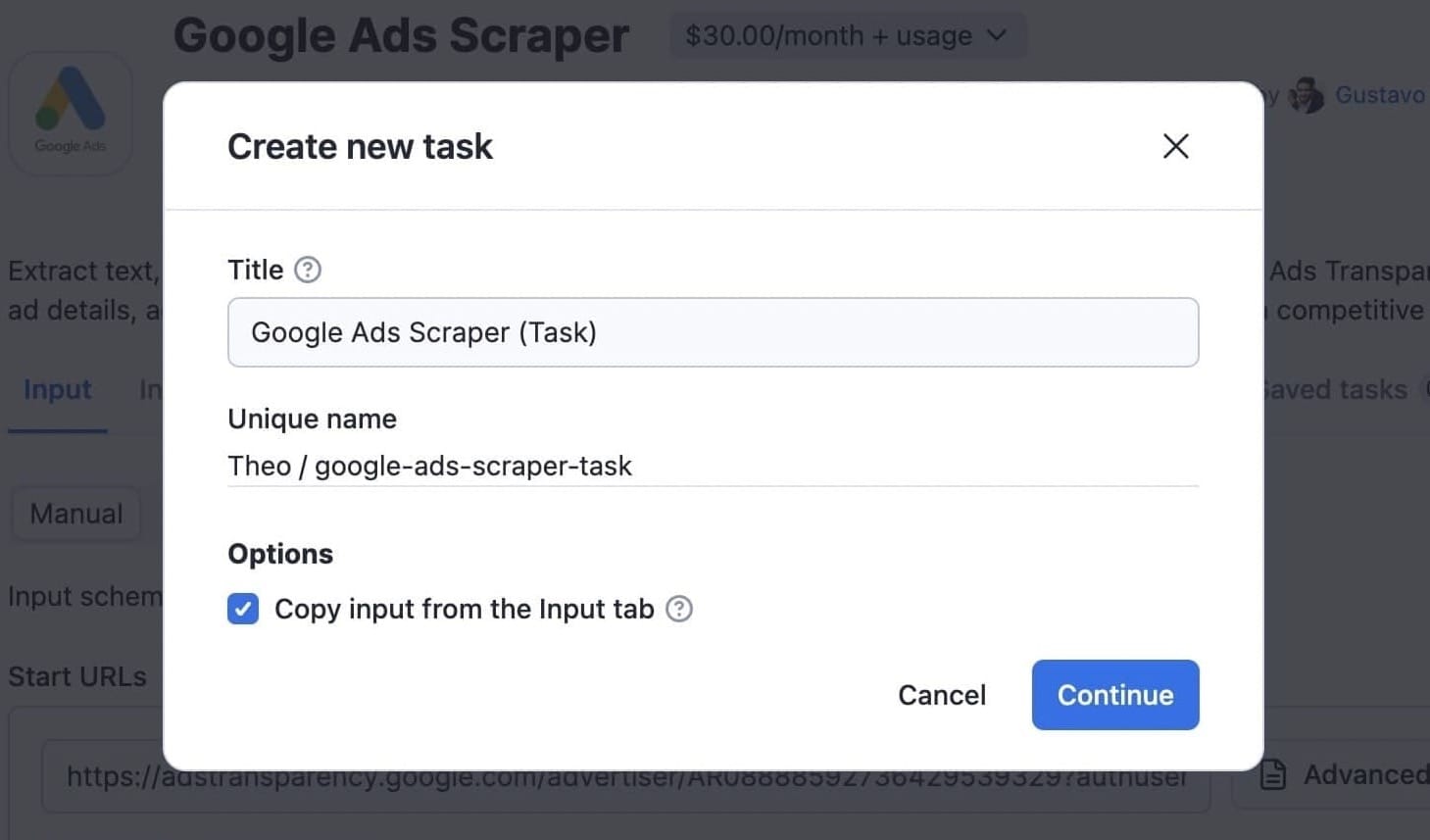 Google Ads Scraper - Create new task