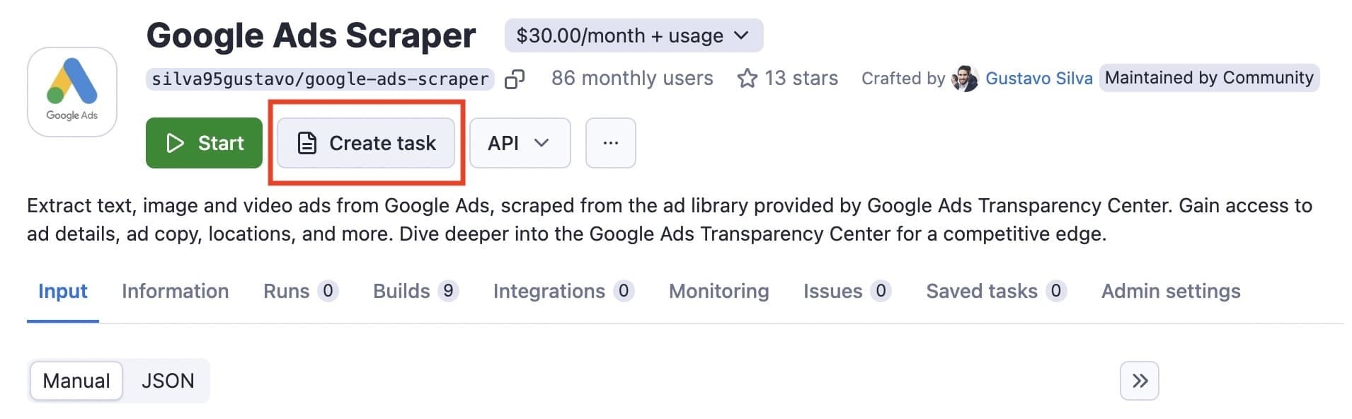 Google Ads Scraper - create task