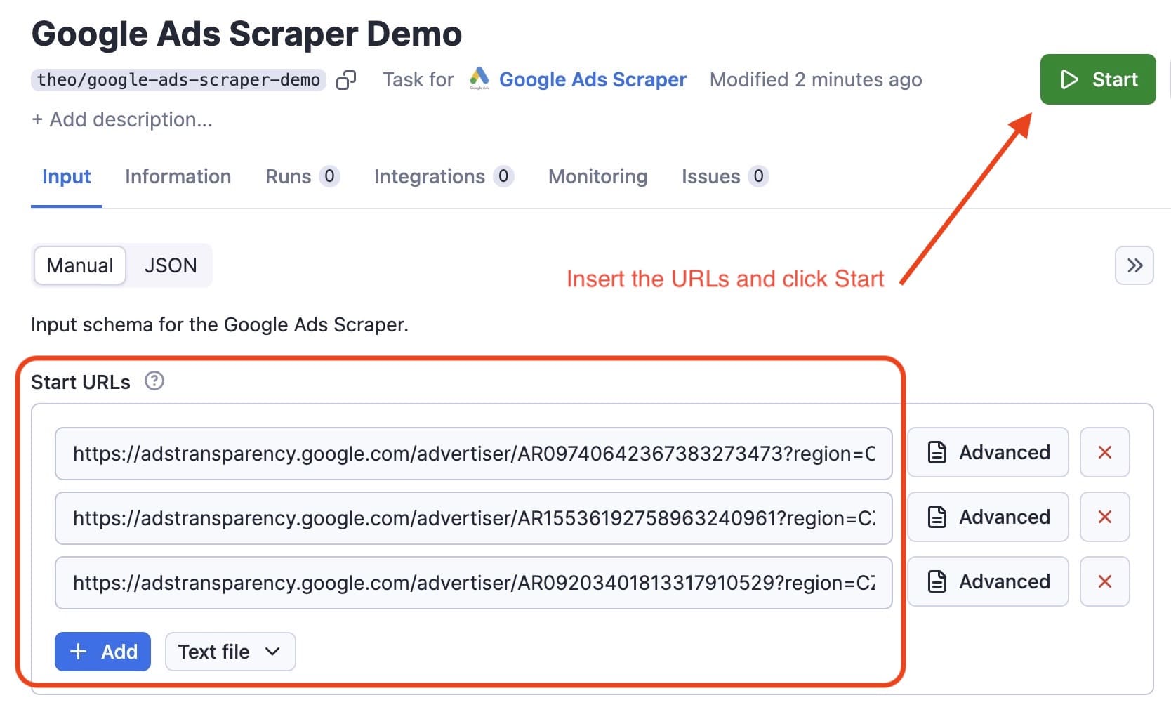 Go to your Google Ads Scraper task, insert Start URLs, and click the Start button