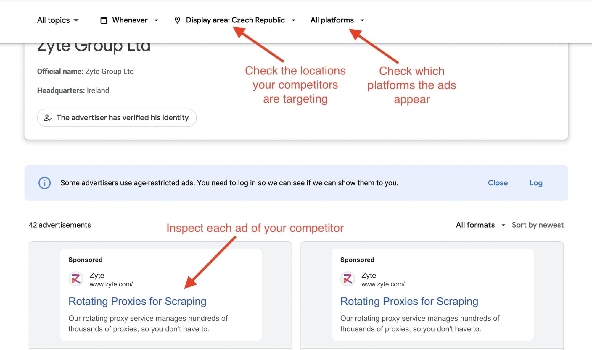 Check regions, ad types, and platforms where competitor ads appear on Google Ads Transparency Center