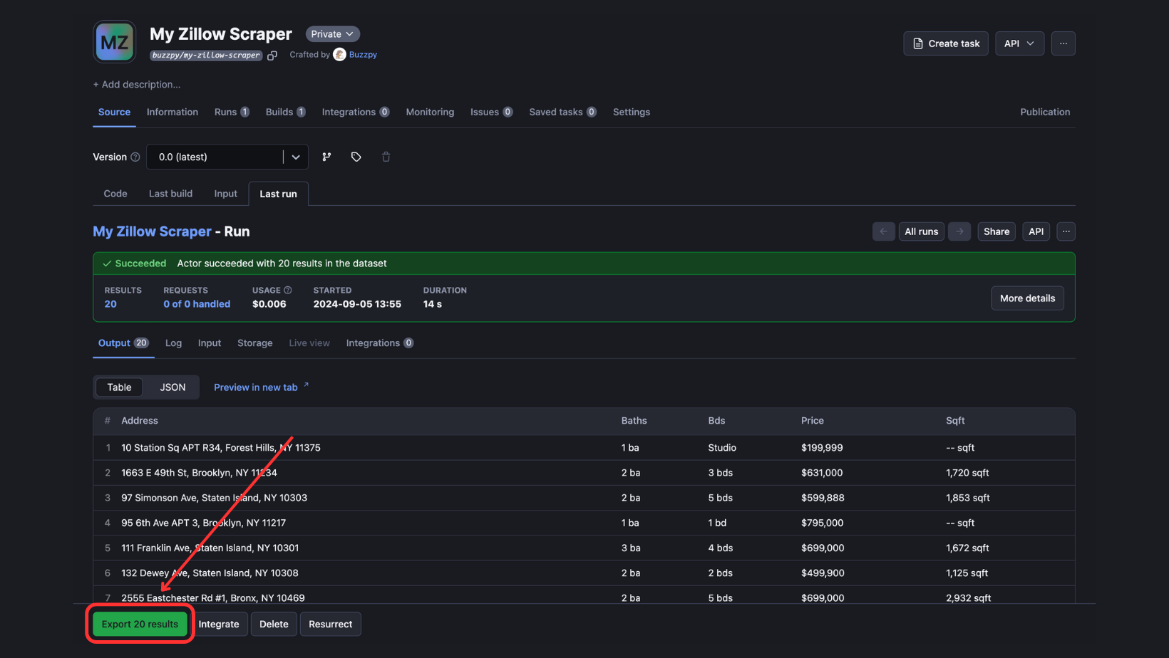 Zillow scraper run on Apify. Export output