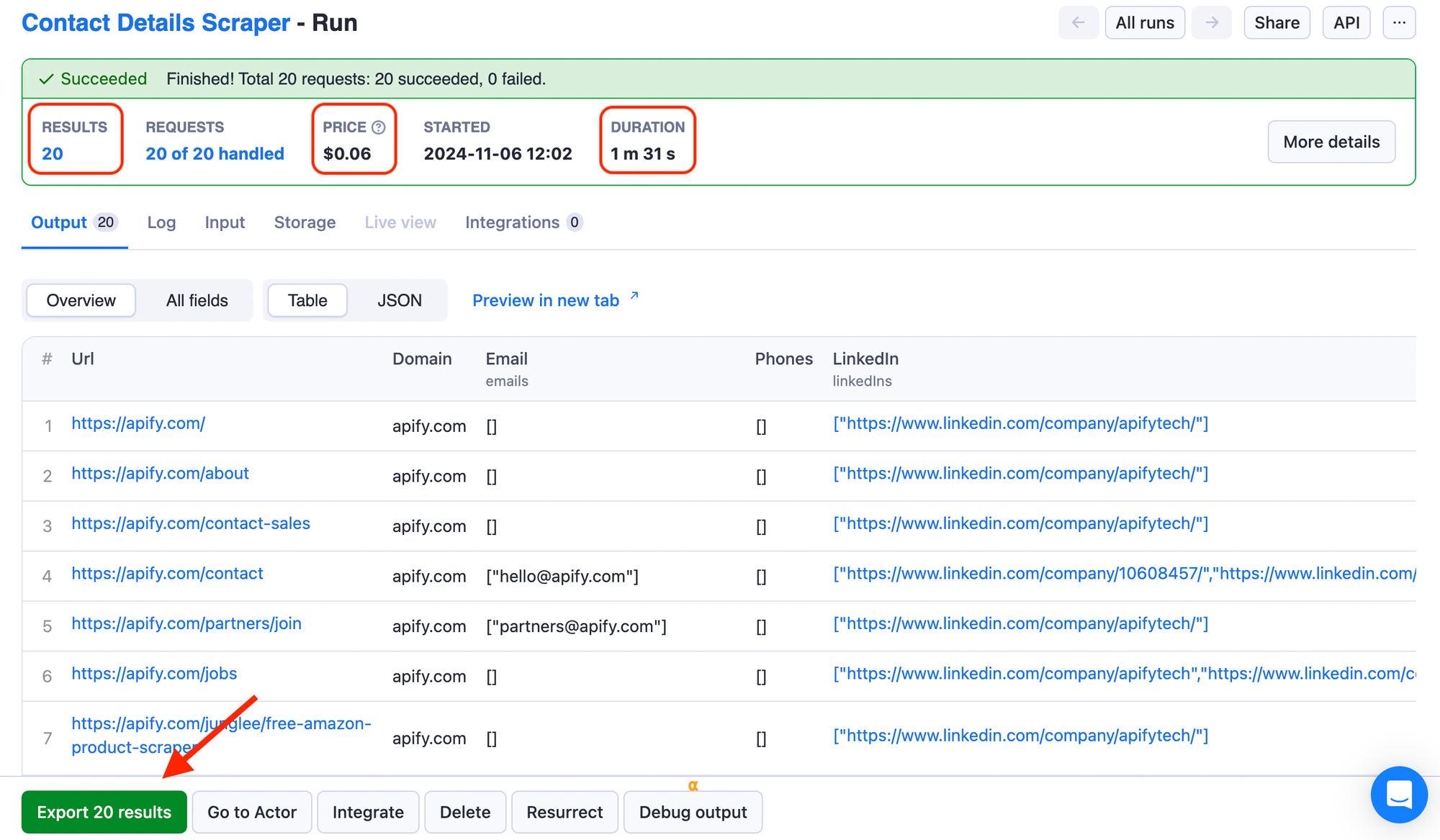 Demo run for Contact Details Scraper