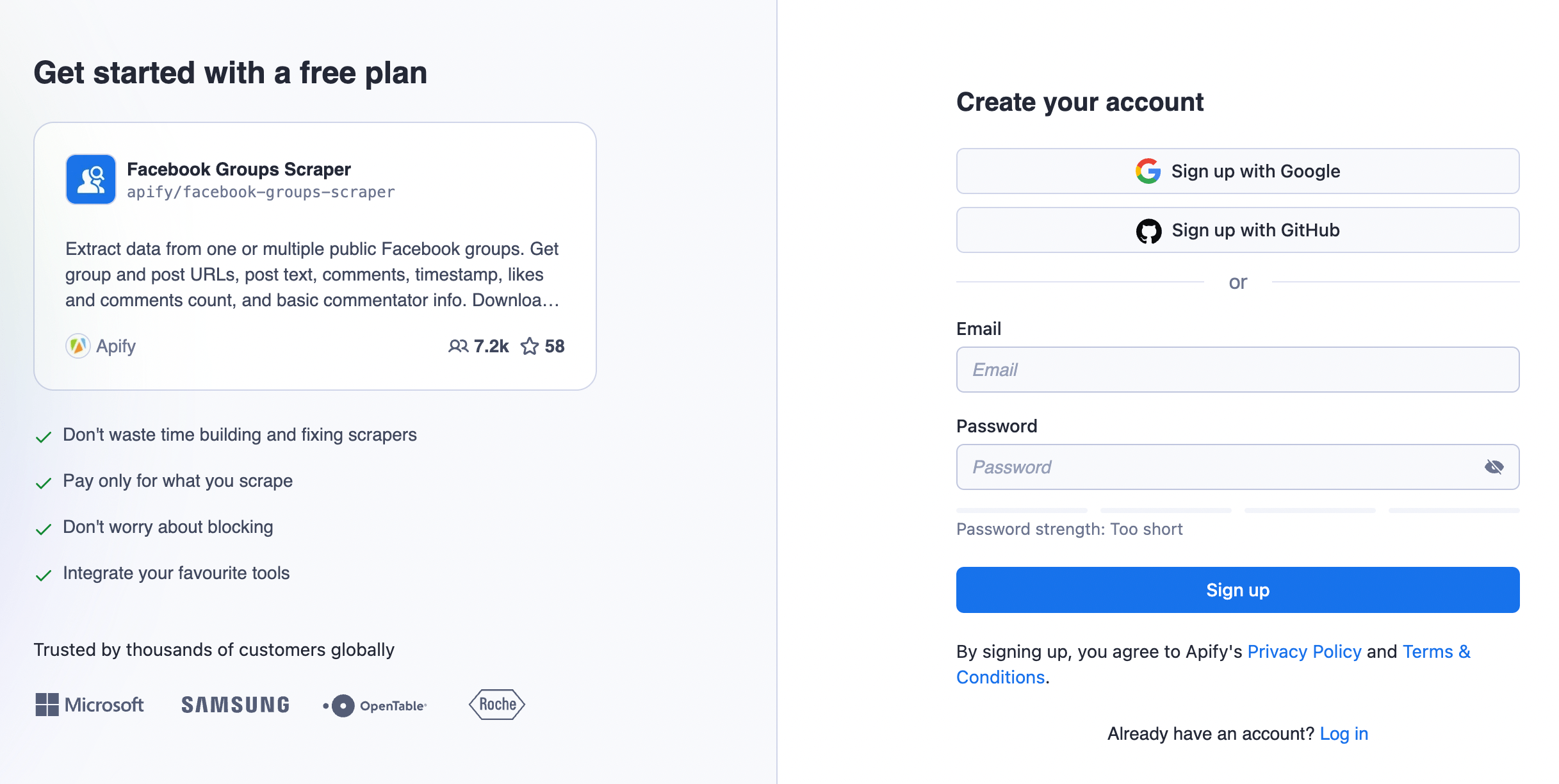 Sign up for the platform (Facebook Groups Scraper) - screenshot of Apify signup page