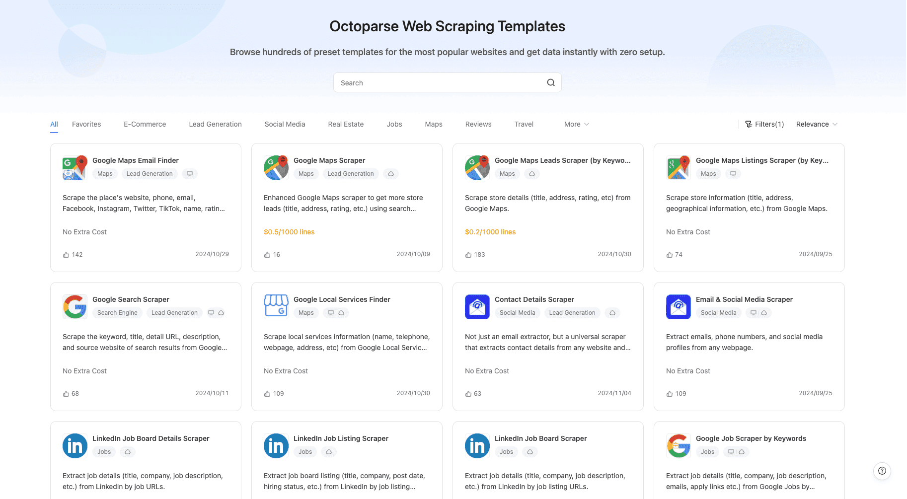 Octoparse web scraping templates