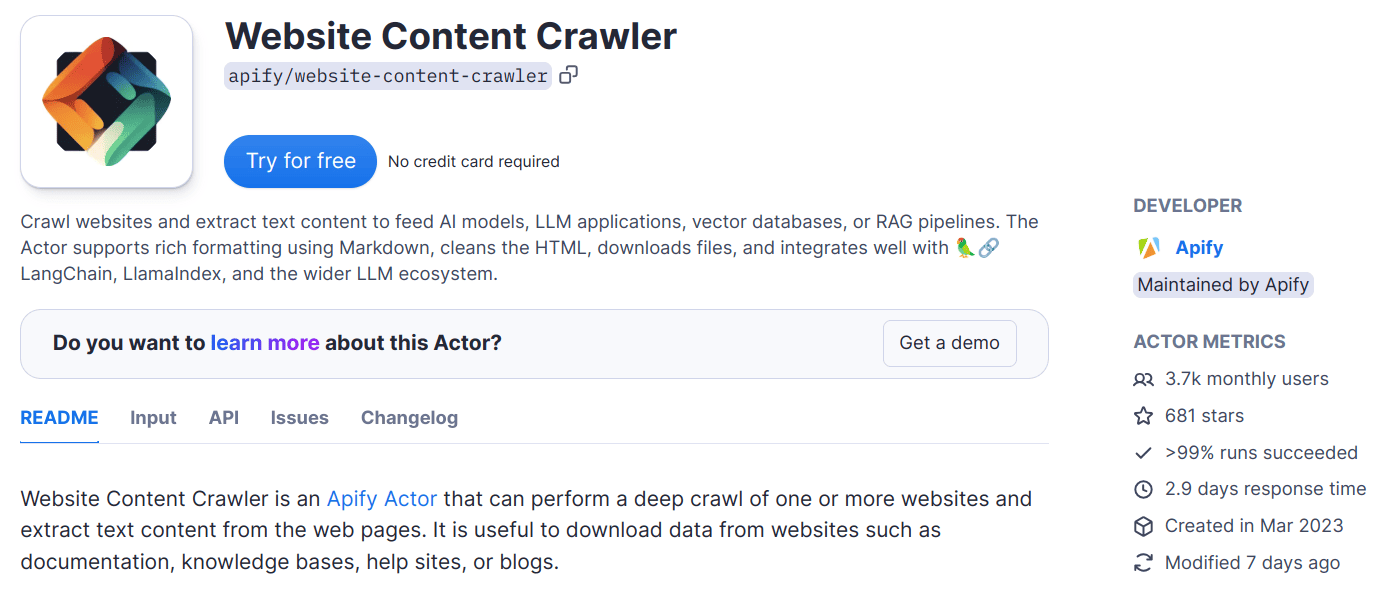 Website Content Crawler collects and cleans data from websites to feed AI models