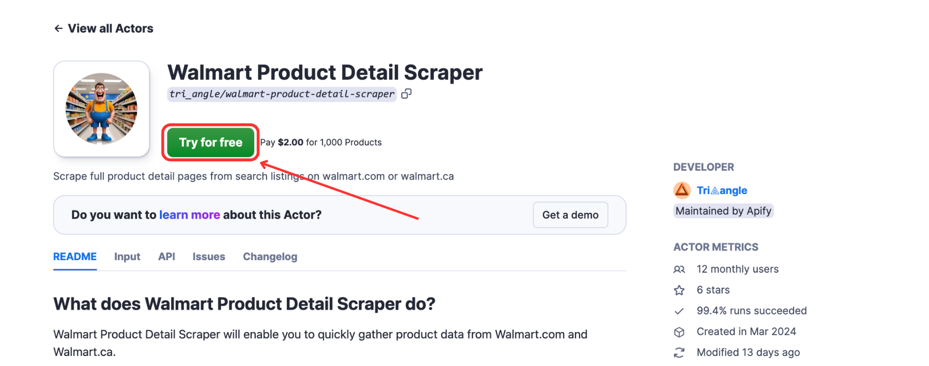 Walmart Product Detail Scraper Actor page