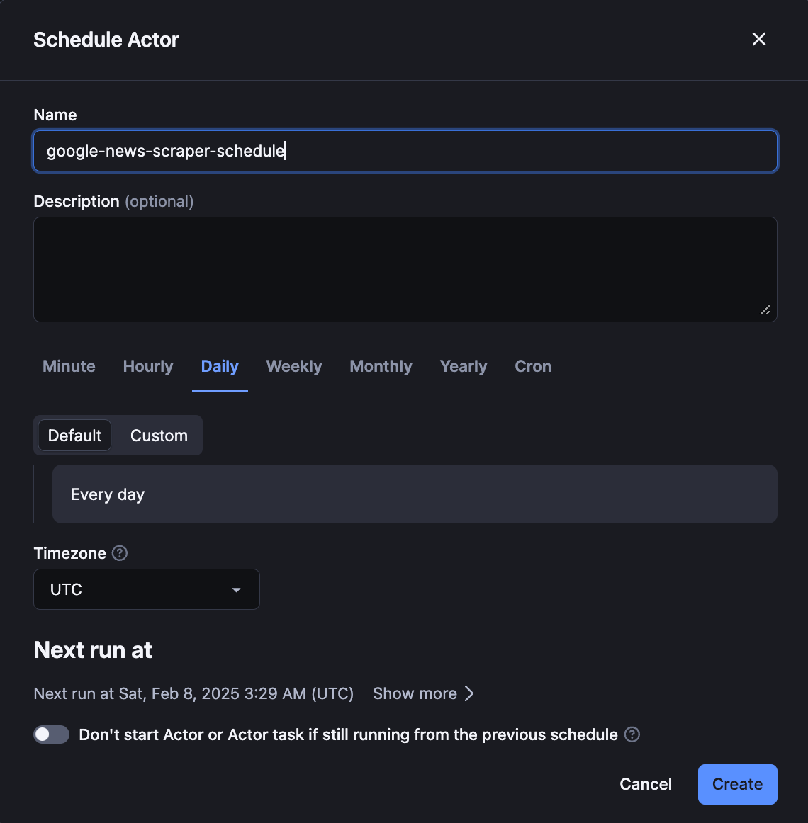 Scheduling the Google News Scraper Actor