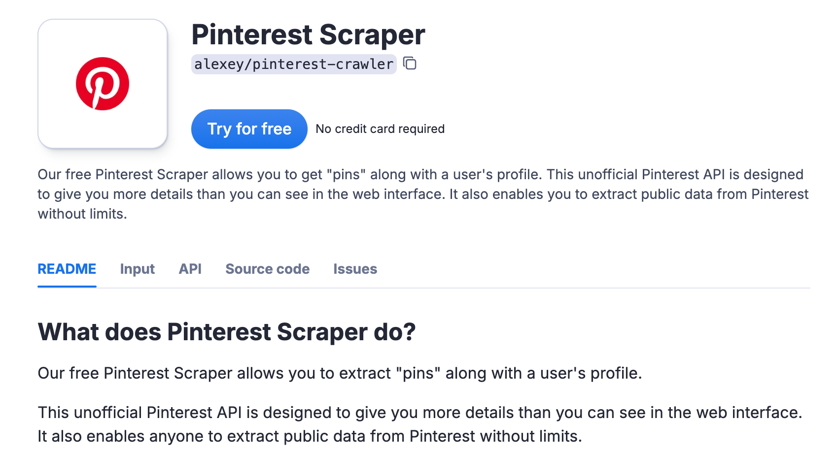 Pinterest Scraper Actor page