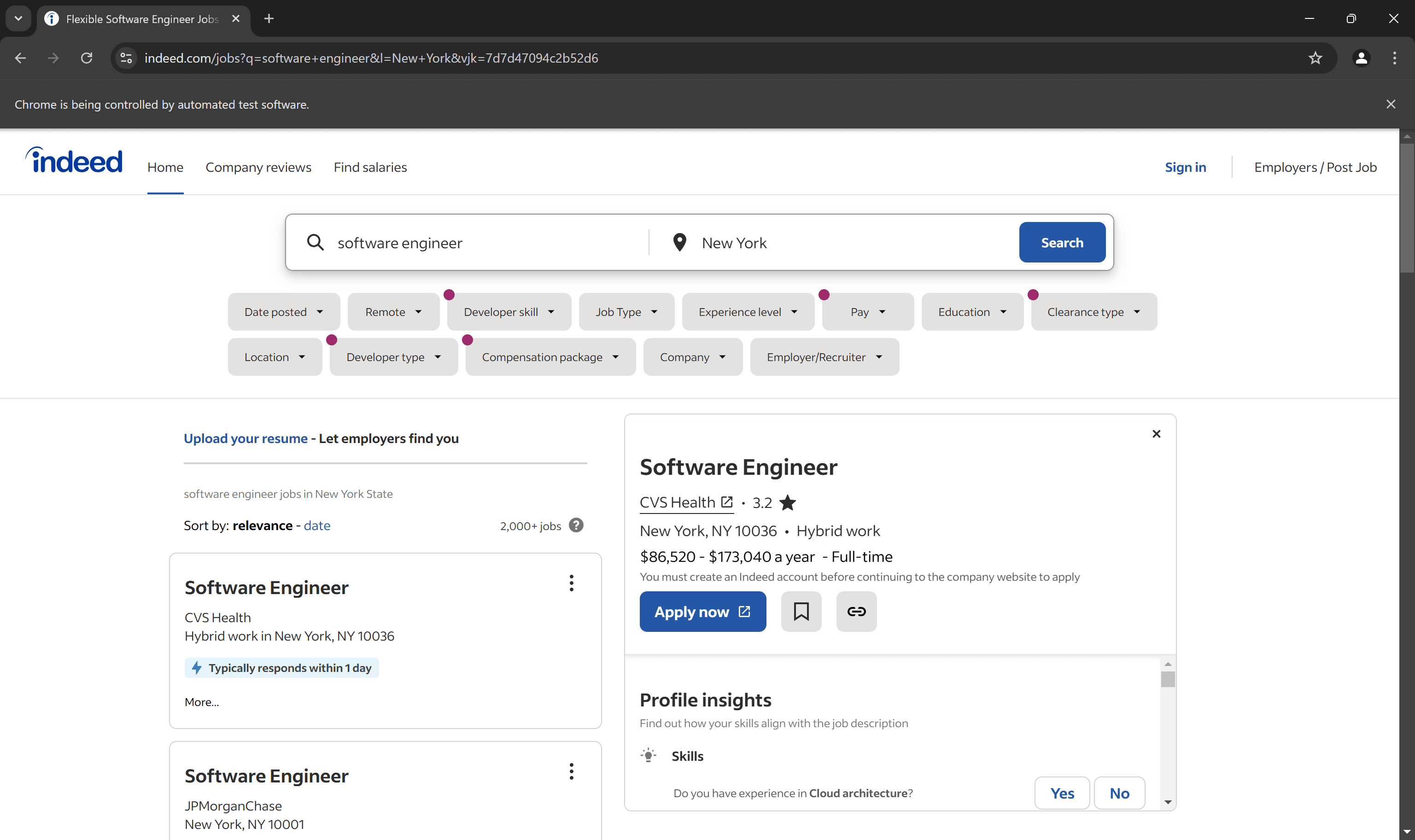 The Indeed page loaded by Selenium