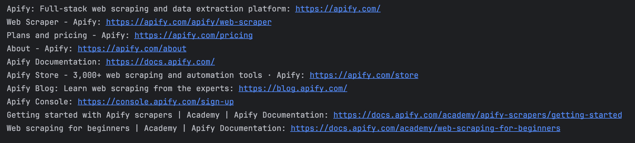 Scraped Bing data output