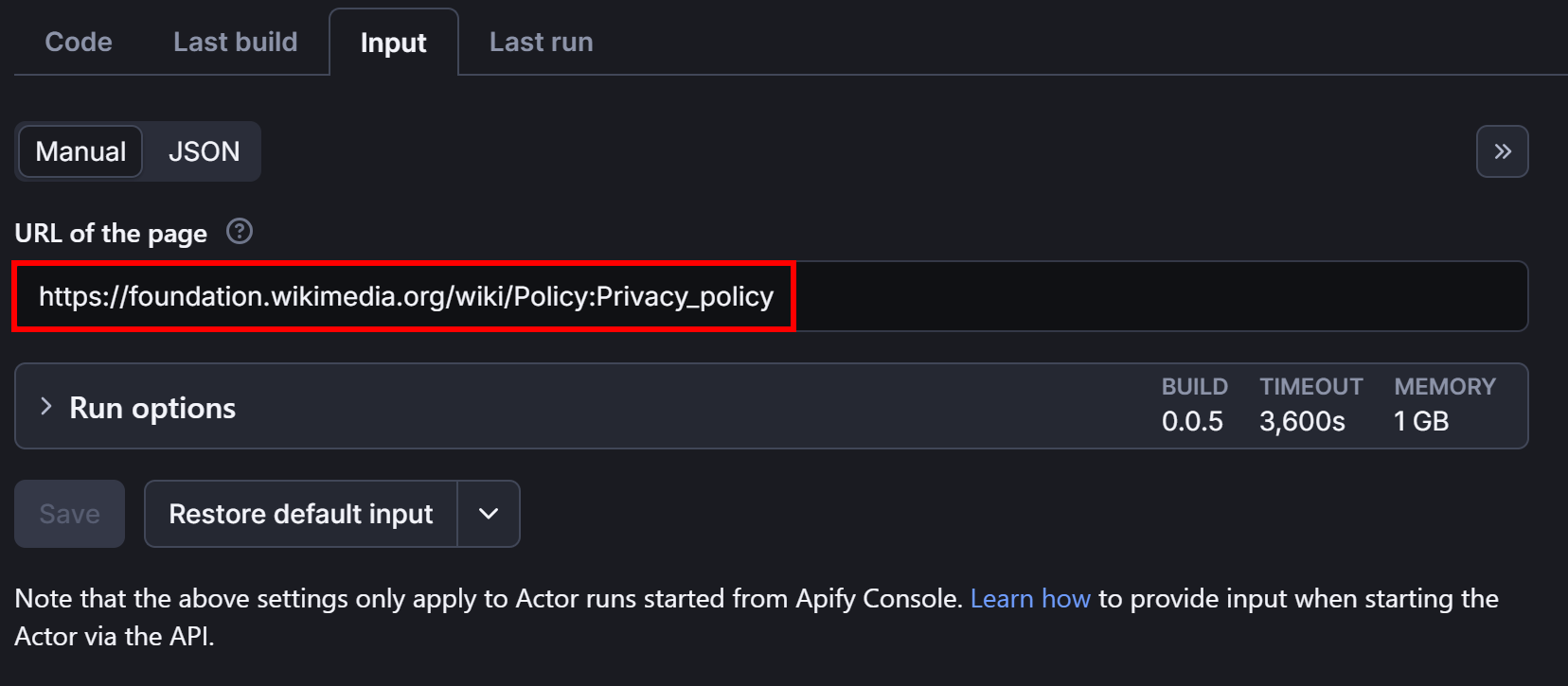 URL of the page - Configuring the Apify Actor