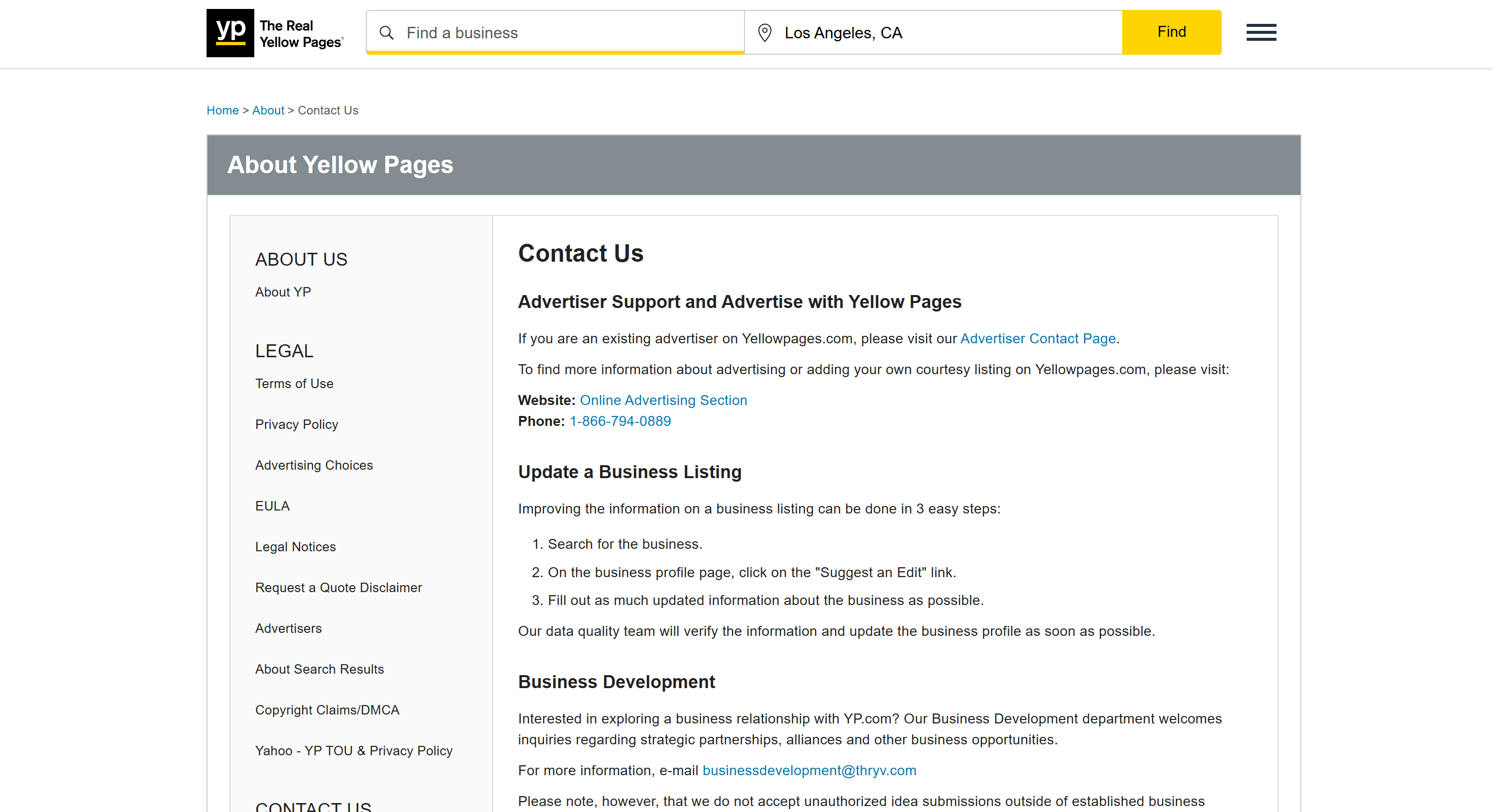 Yellow Pages contact page