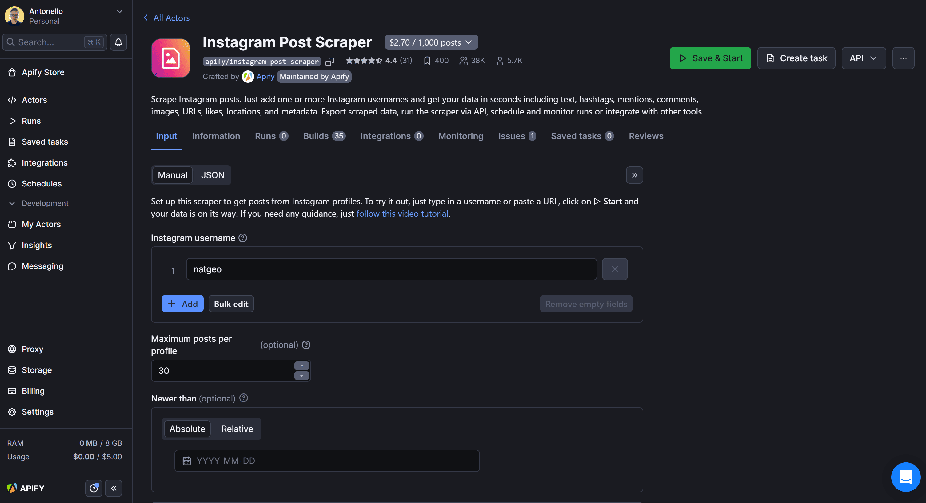 The Instagram Post Scraper Actor page