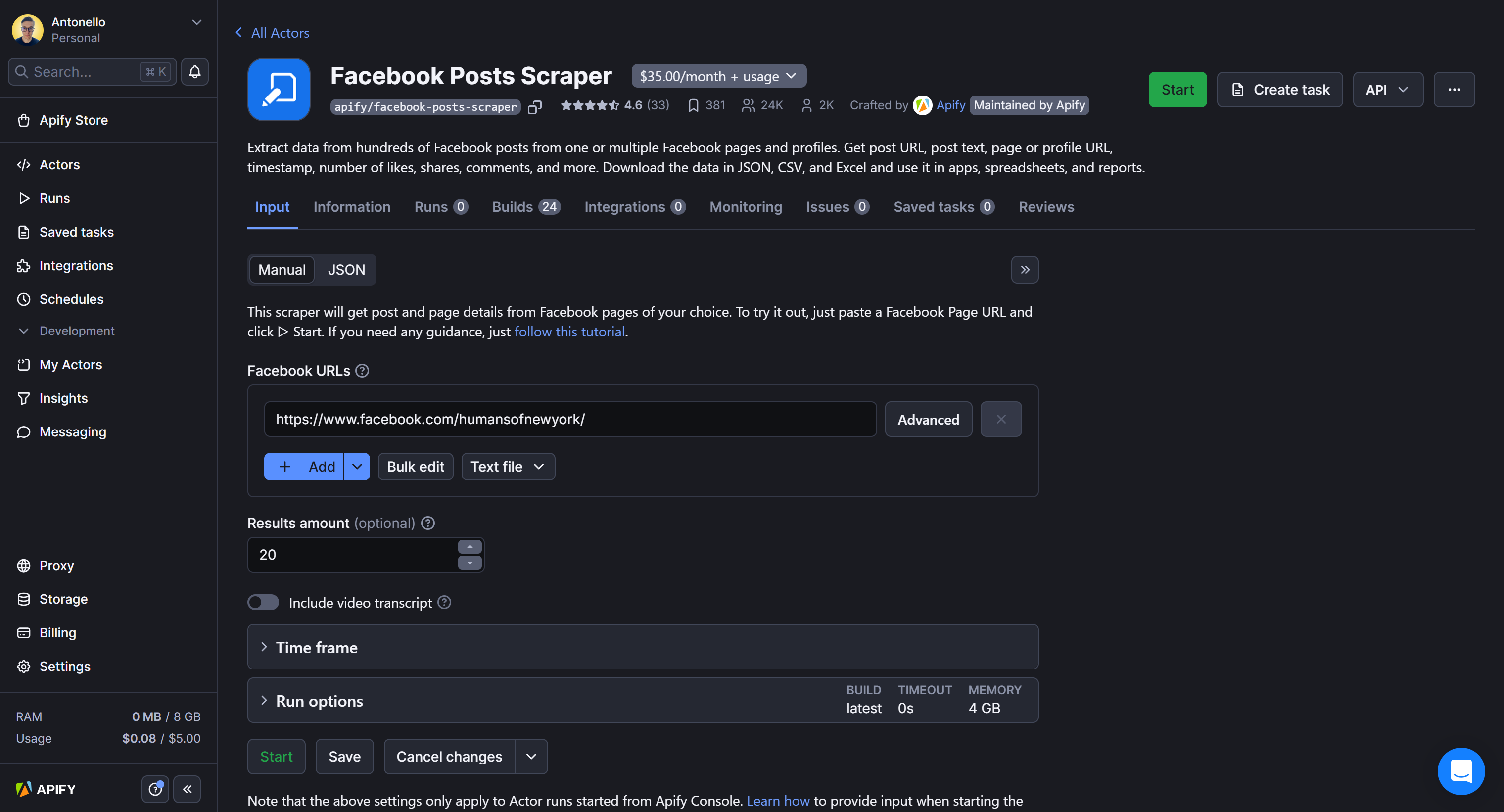 The Facebook Posts Scraper Actor page