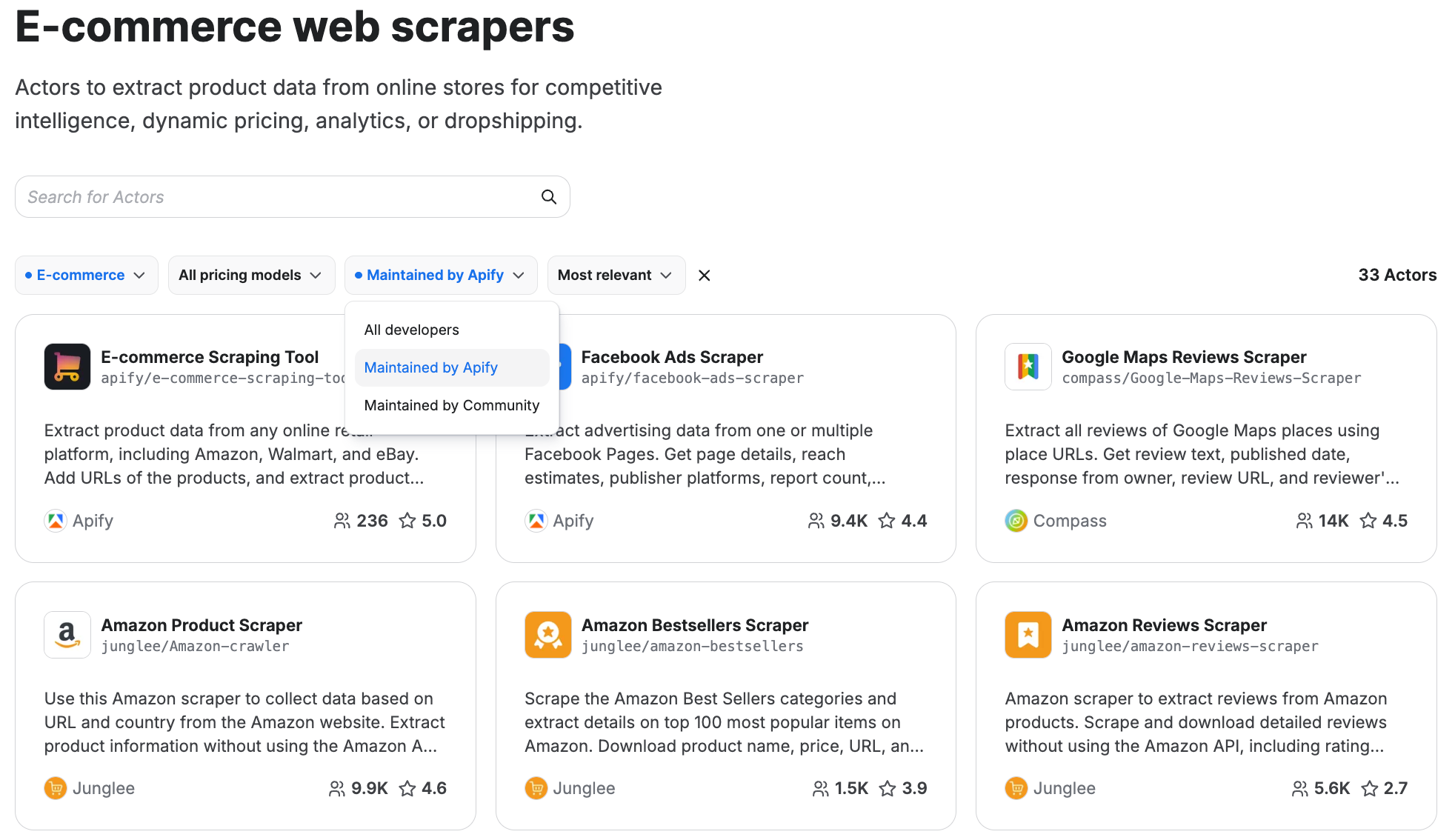 Apify Store Actors in the e-commerce category with a drop-down menu options