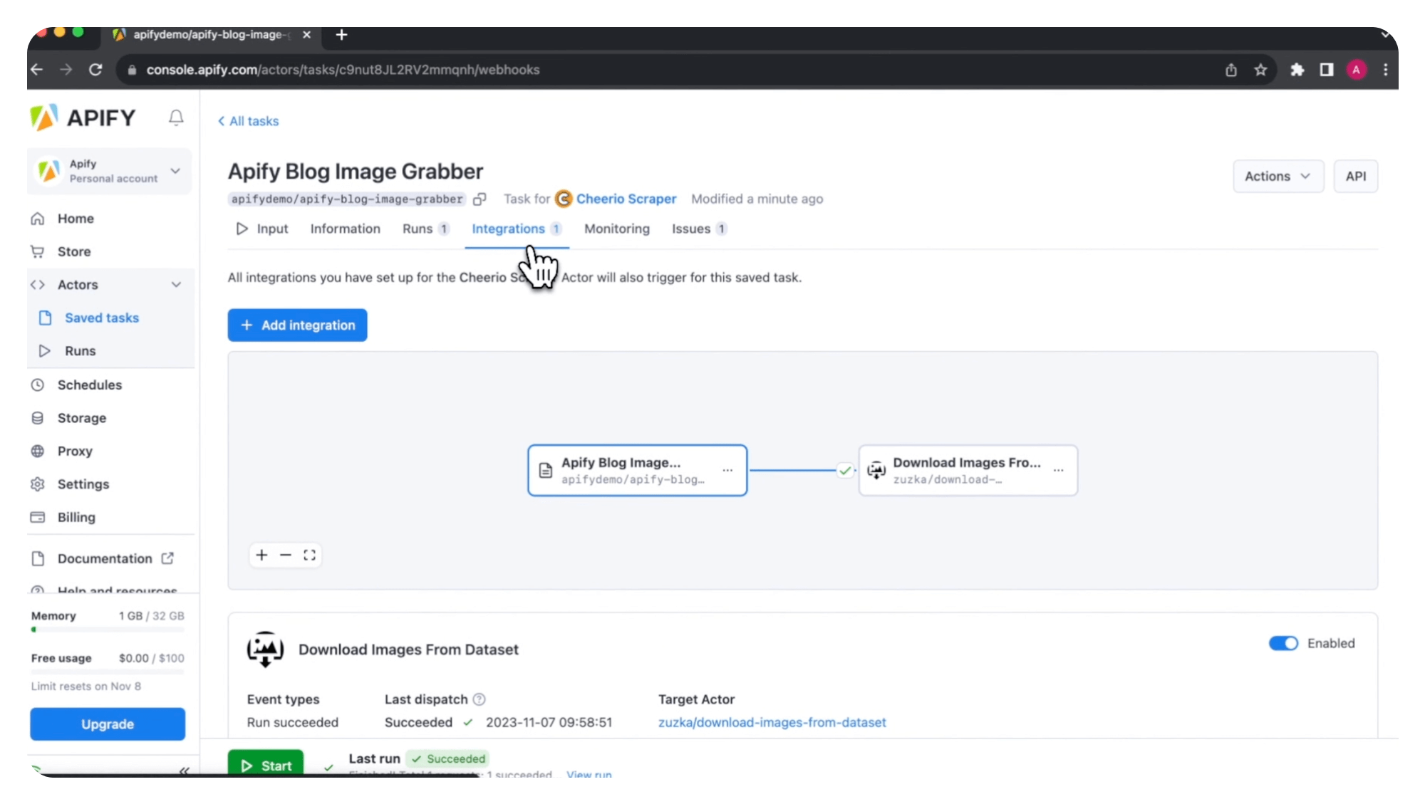 Apify Blog Image Grabber task with an active integration process between two Actors