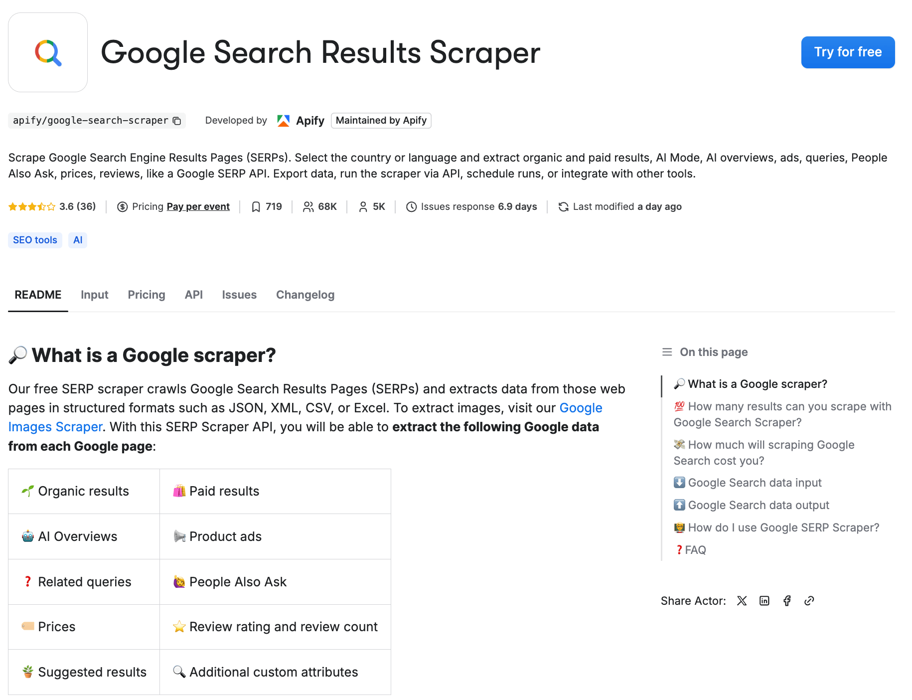 Apify Google Search Result Scraper in Apify Store with free trial and various results provided.
