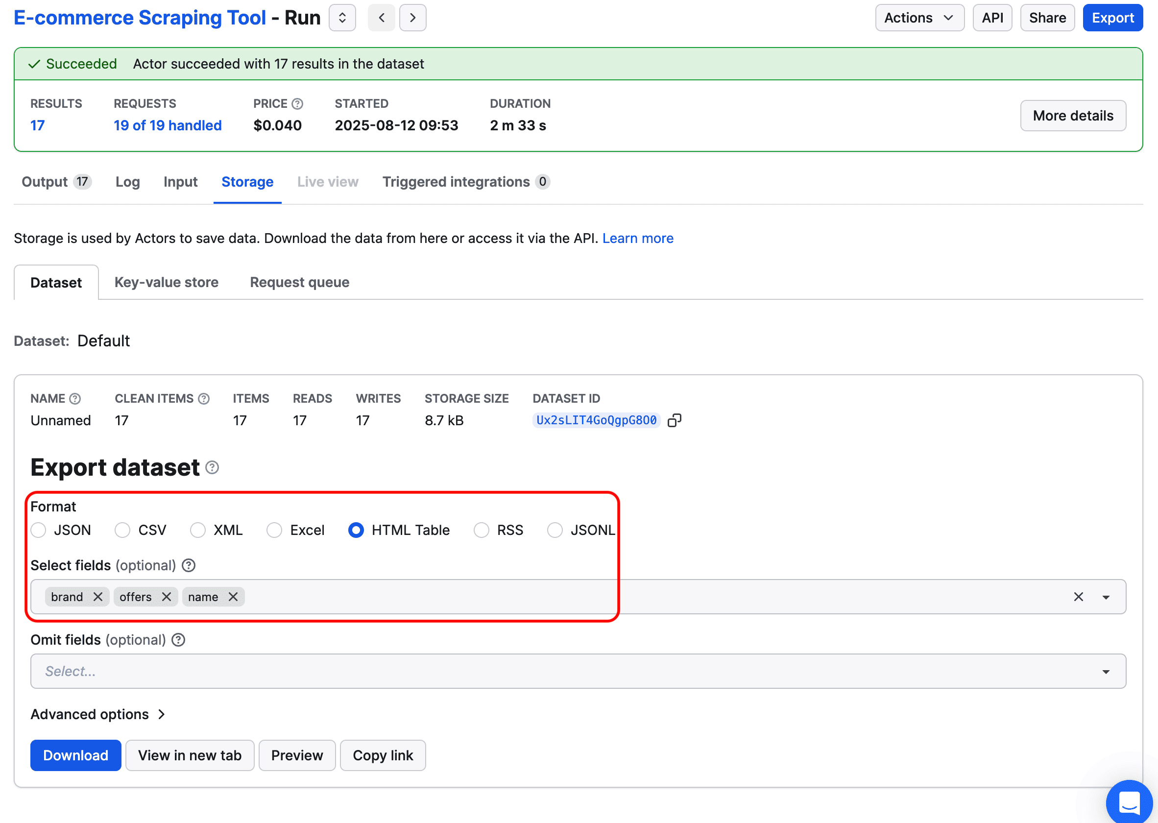 Export scraped data in multiple formats