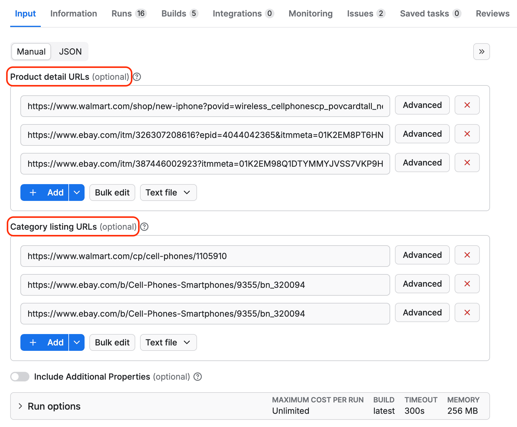 E-commerce Scraping Tool input - Manual input - Product detail and Category listing URLs