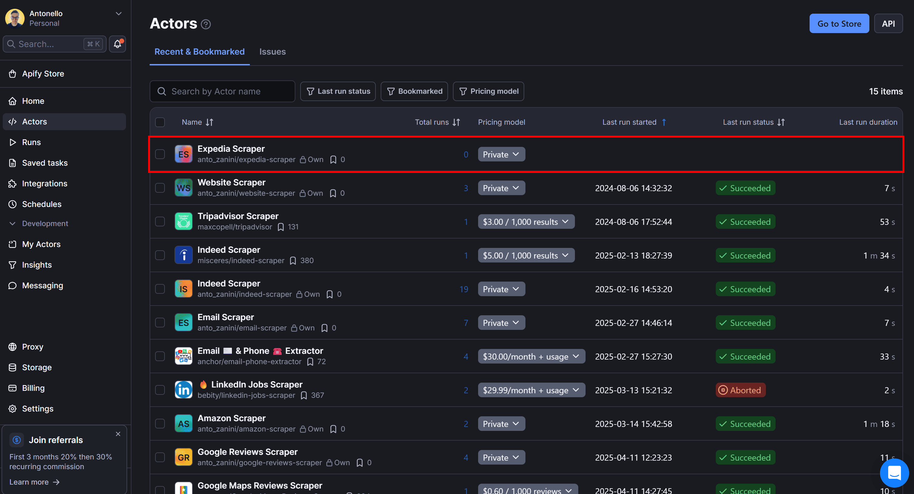 Note the “Expedia Scraper” Actor
