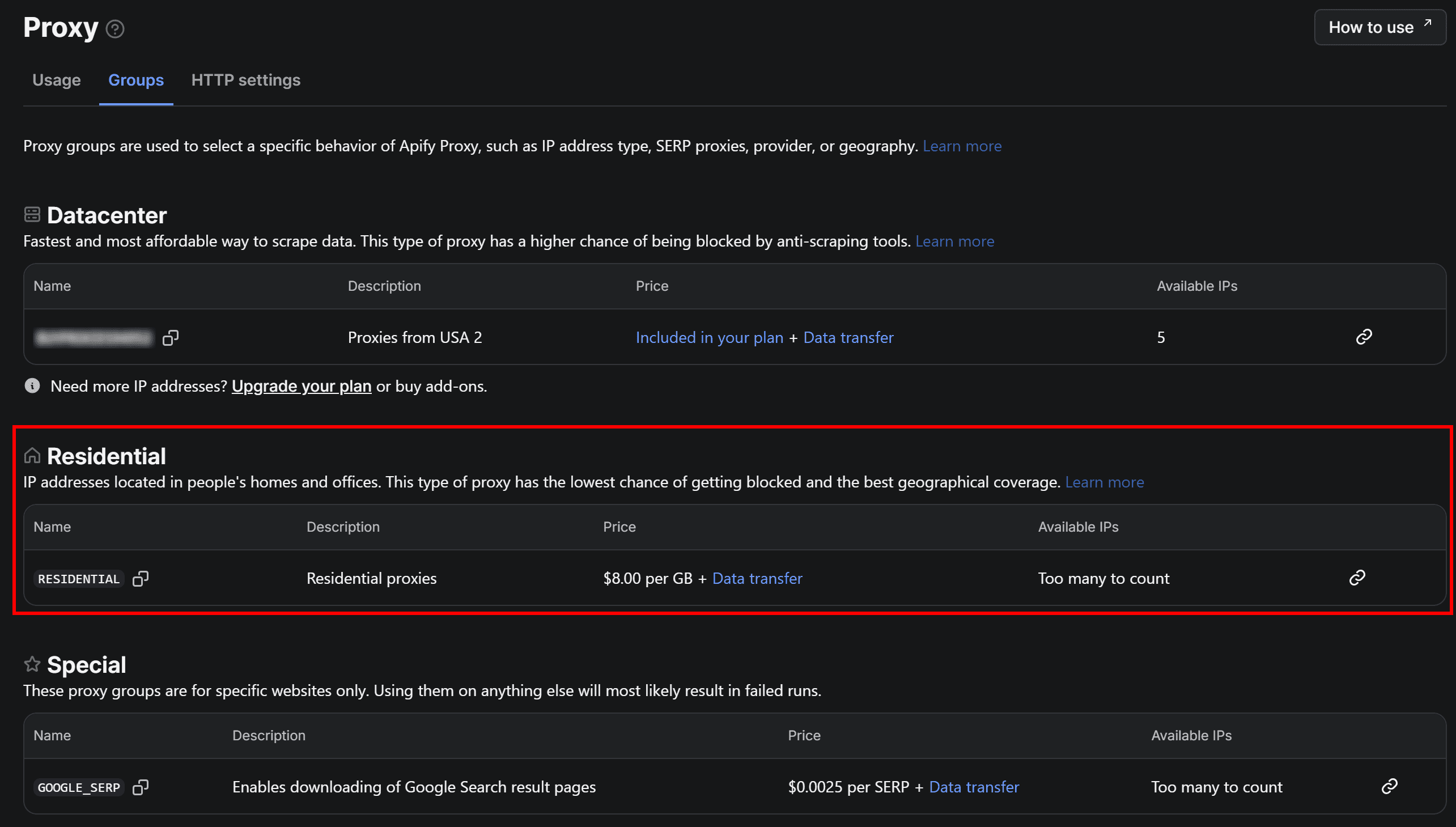 Note the group name of the “Residential” proxy section