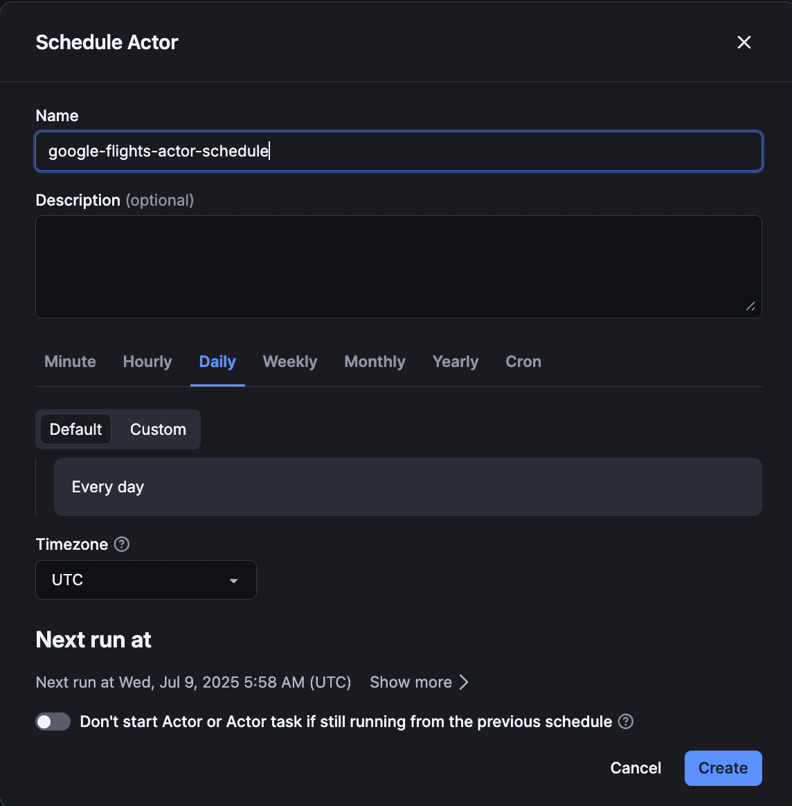 Schedule Google Flights scraper runs on Apify