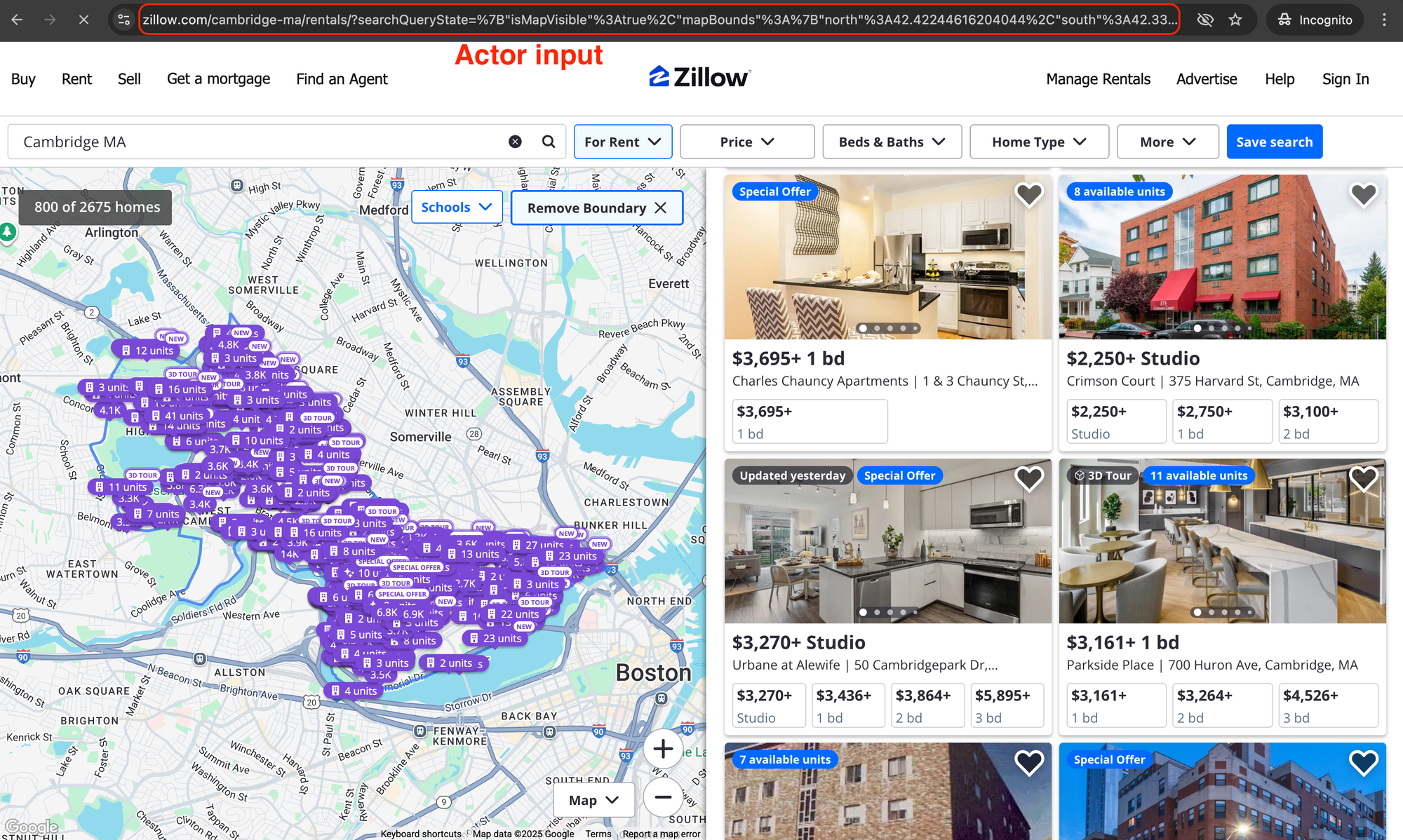 Zillow search for rentals in Cambridge, MA