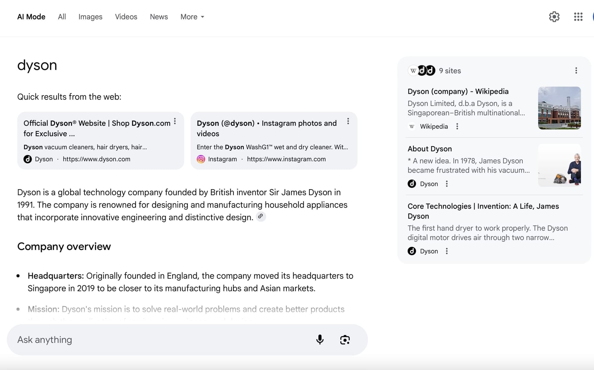 Example of Google SERP in AI Mode