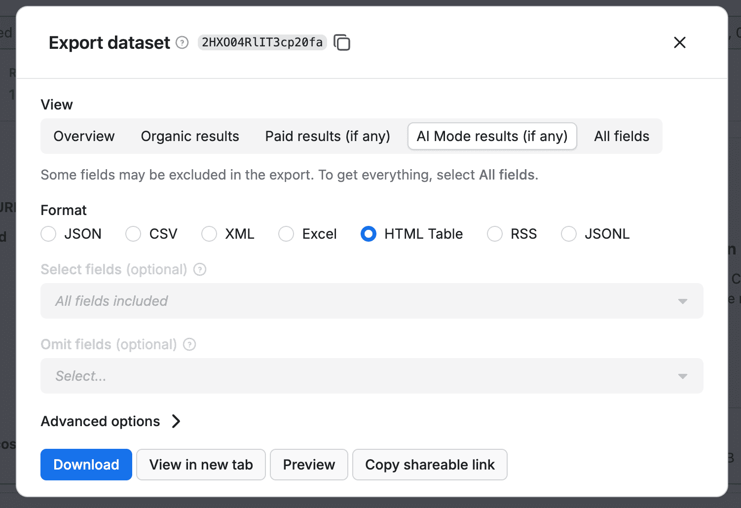 Export dataset of AI Mode results