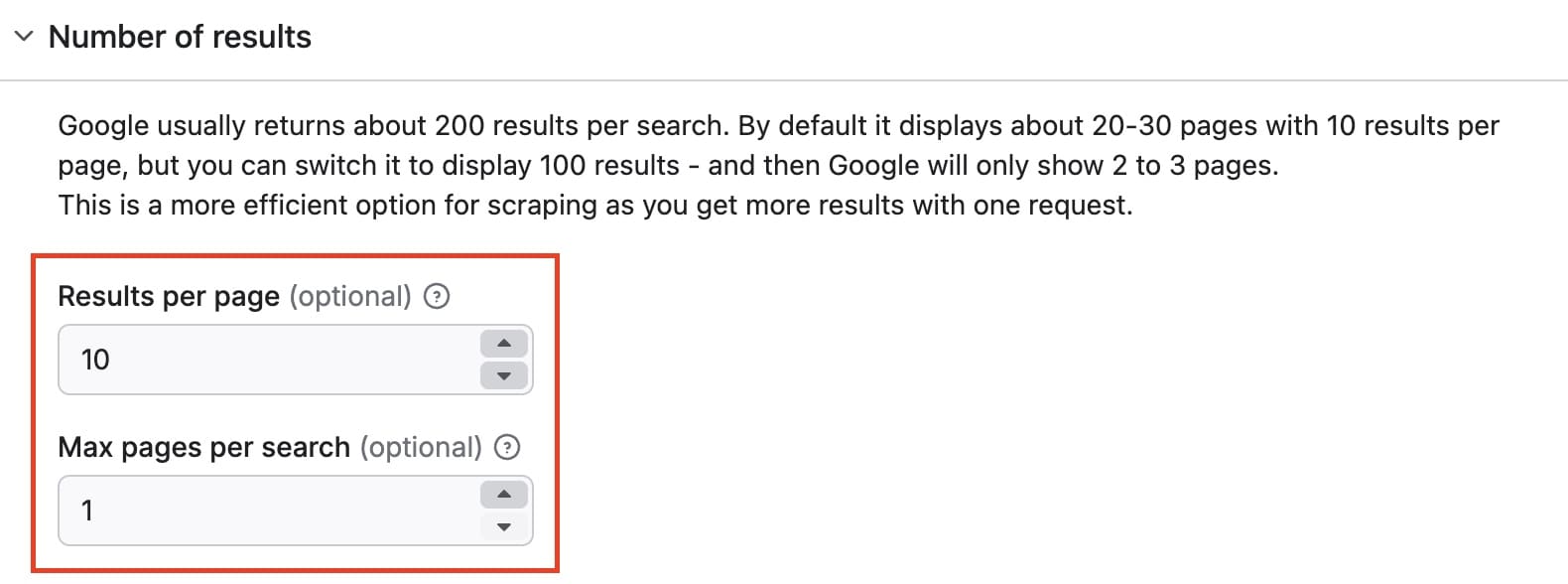 GoogleSERP Scraper settings - Results per page