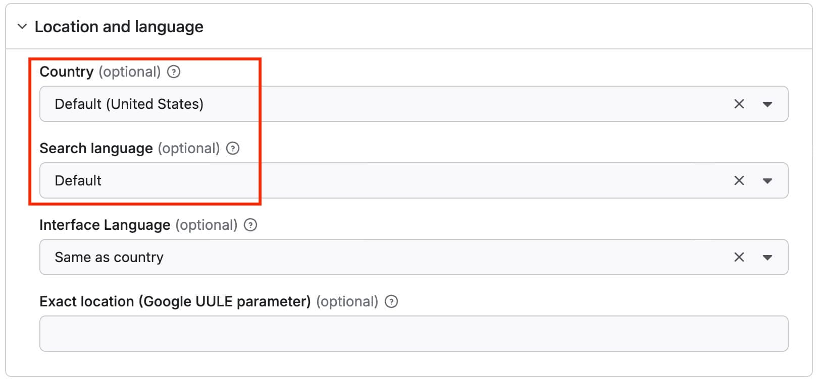 Google Search Results Scraper - Location and language settings