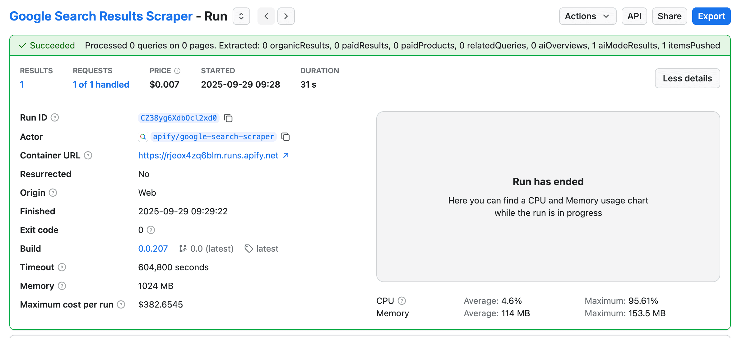 Google Search Results Scraper with AI mode enabled - Run succeeded.png