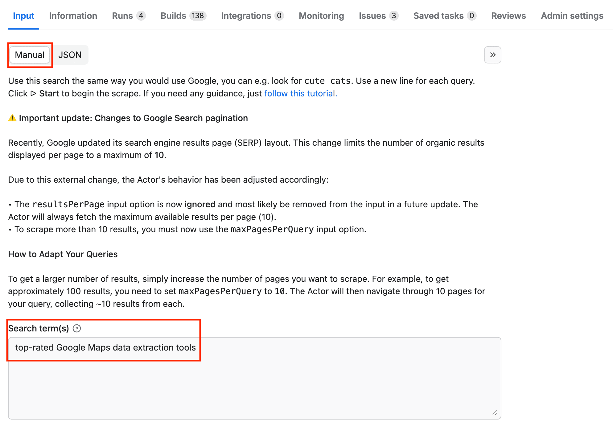 Google Search Scraper on Apify Console - fill in search terms