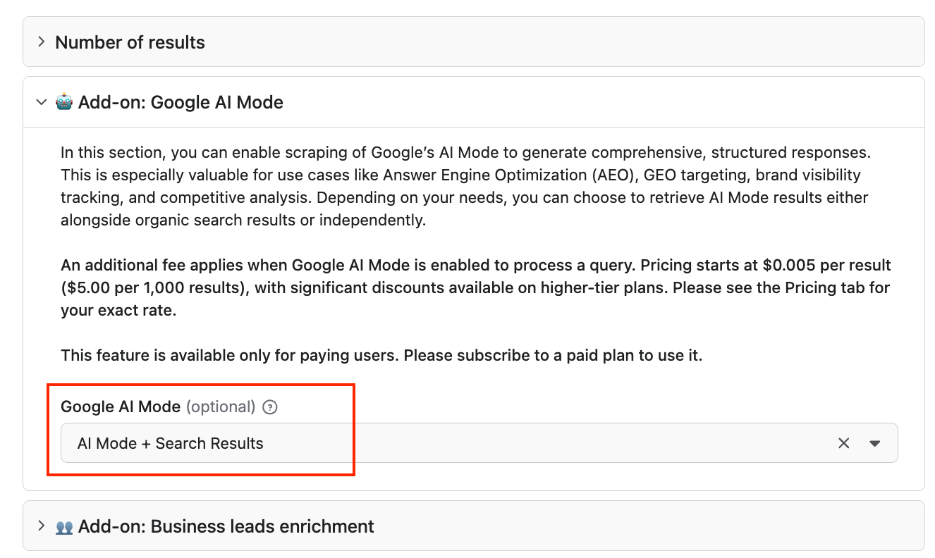 Google AI Mode add-on to Google Search Results Scraper 
