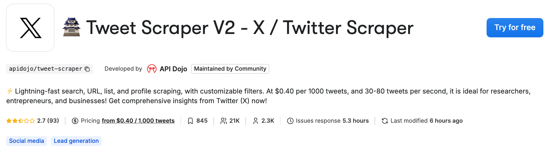 Tweet Scraper V2 - X / Twitter Scraper on Apify Store